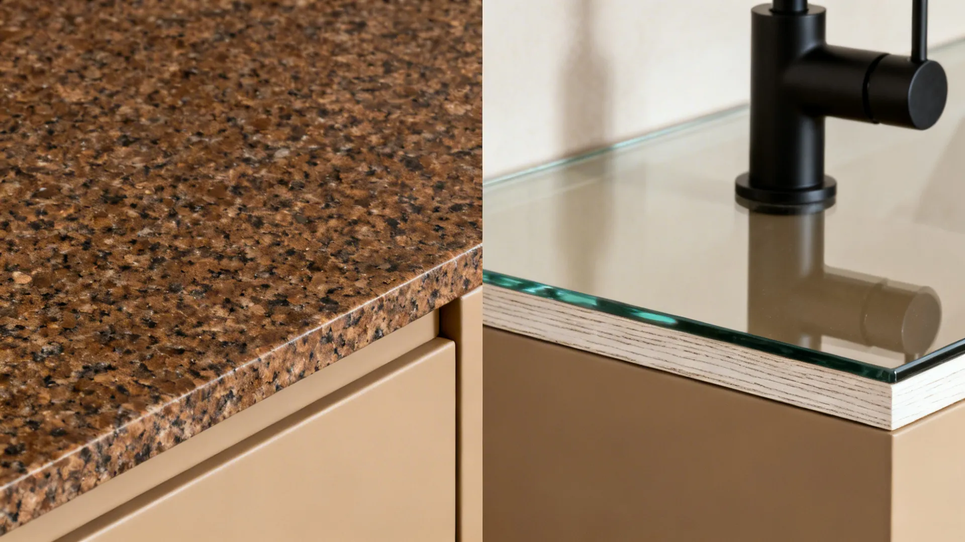 Macro collage of Baltic Brown granite, beige cabinet, glass backsplash, black faucet, and oak edge.