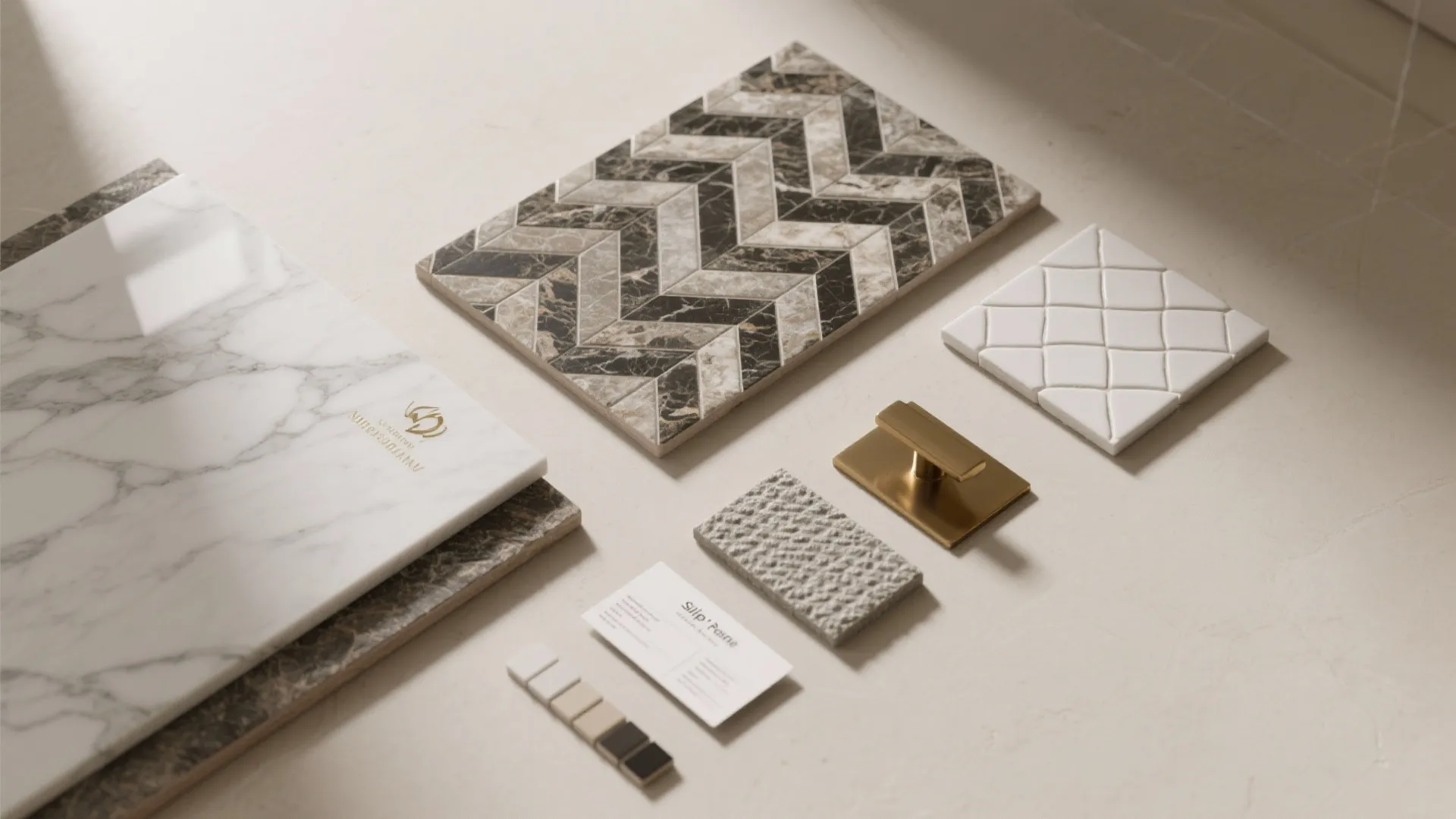 Flatlay of slab, textured, bold-veined, herringbone, and polished tile samples with brass trim and grout.