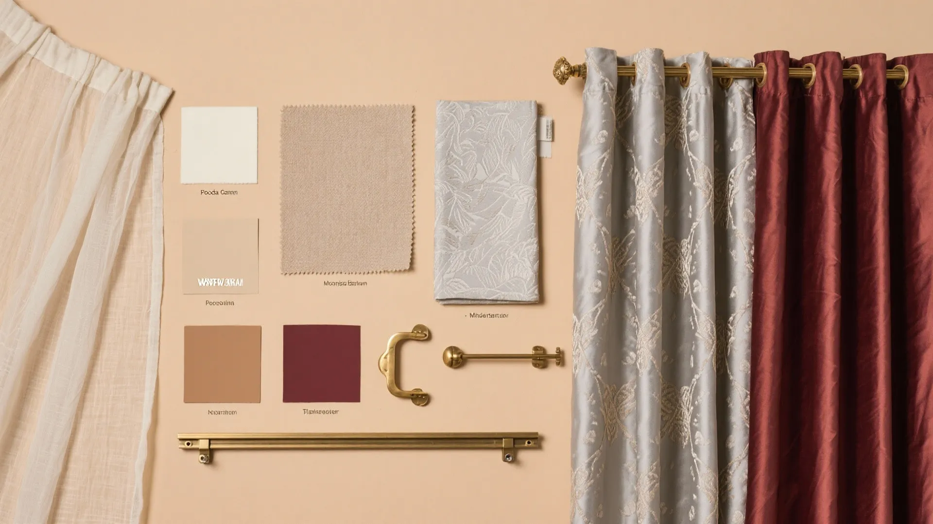 Flat lay of linen, silk, cotton, blackout fabrics with brass hardware and slim tracks in neutral tones.