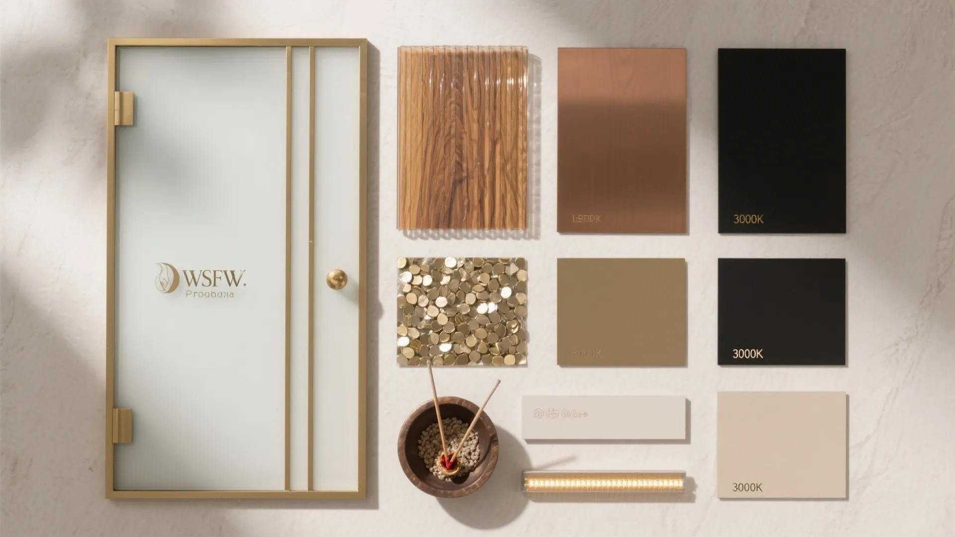 Flat lay of frosted glass, brass, wood, fluted acrylic, metal finishes, and warm LED strip.