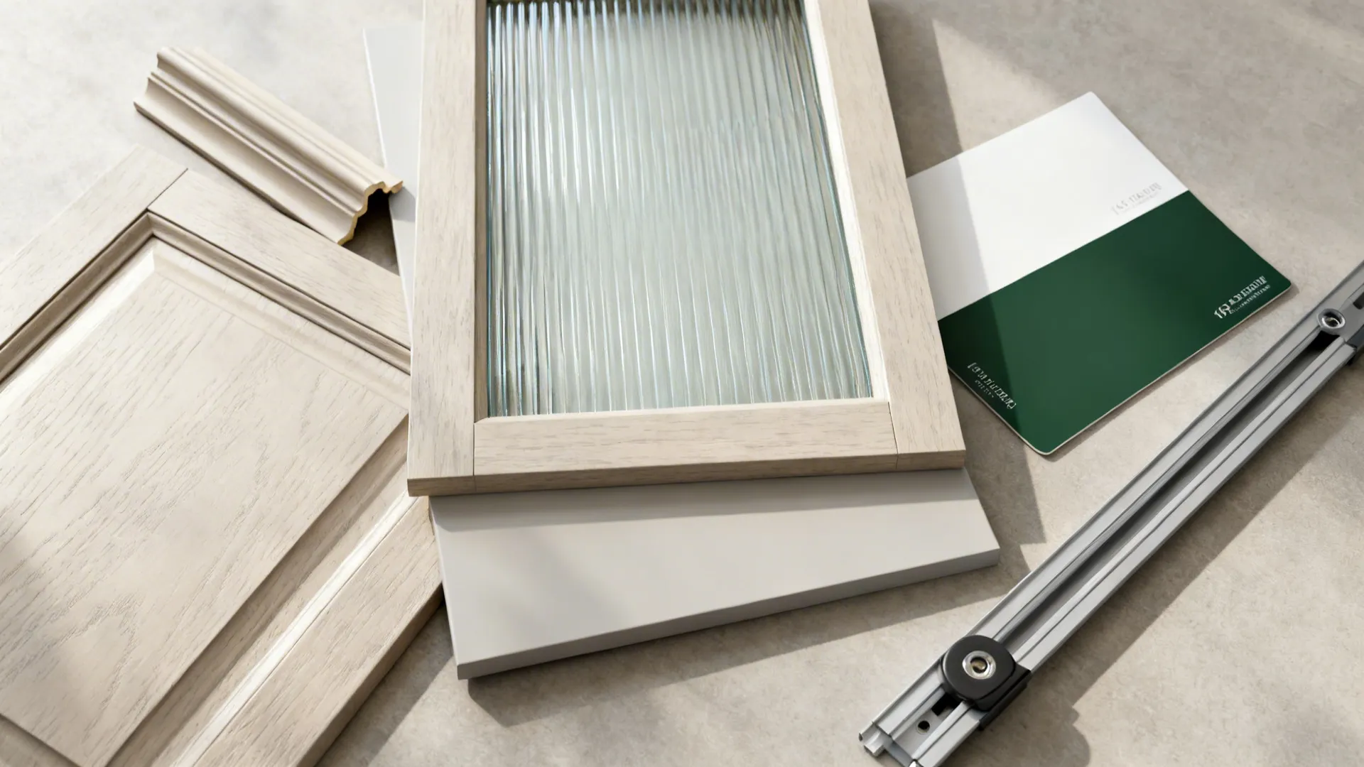 Top-down flatlay of shaker profile, reeded glass, slab veneer, two-tone swatches, and sliding track.