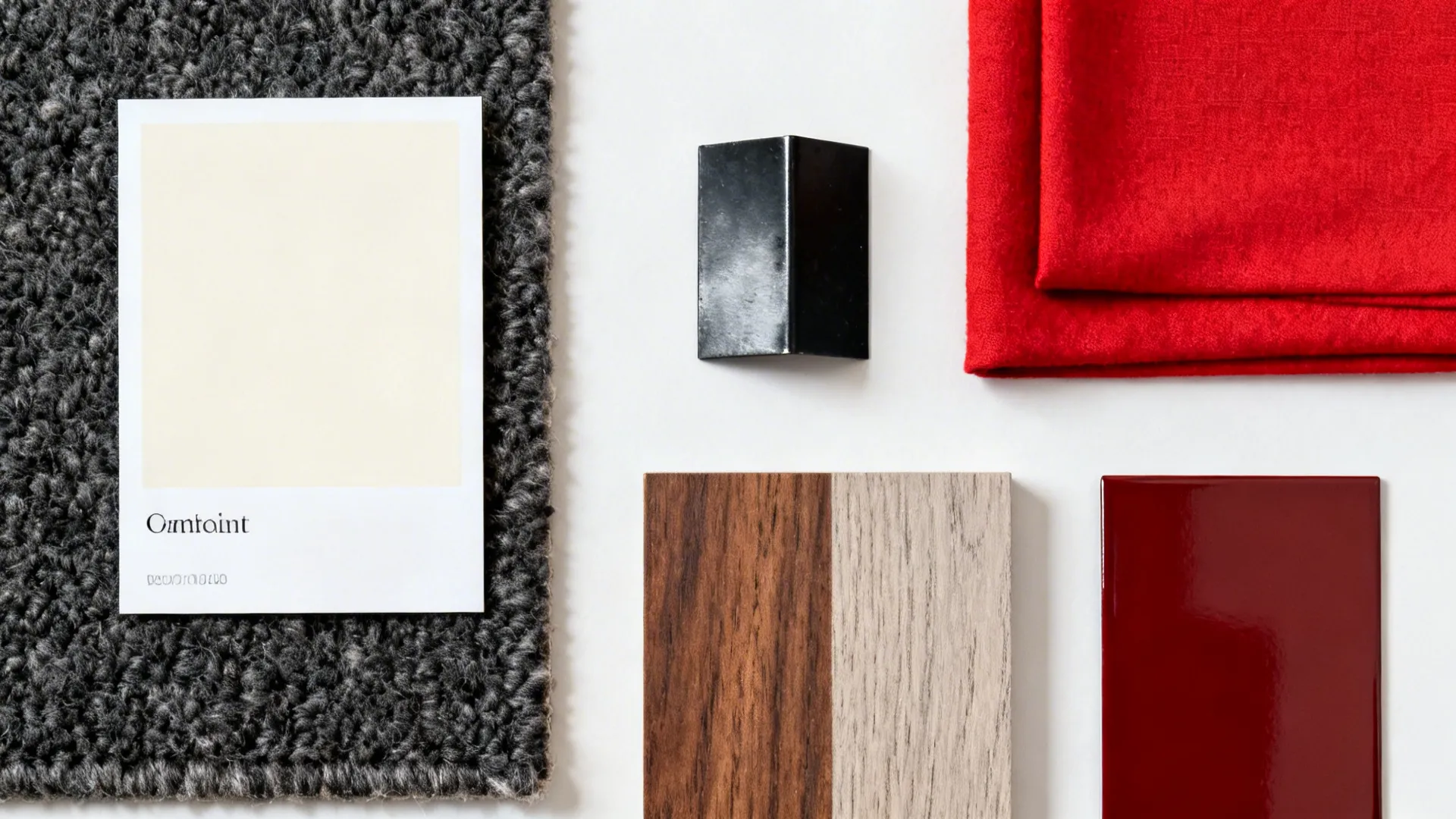 Flat lay of warm white paint, charcoal rug, matte black metal, wood veneer, and red fabric samples.