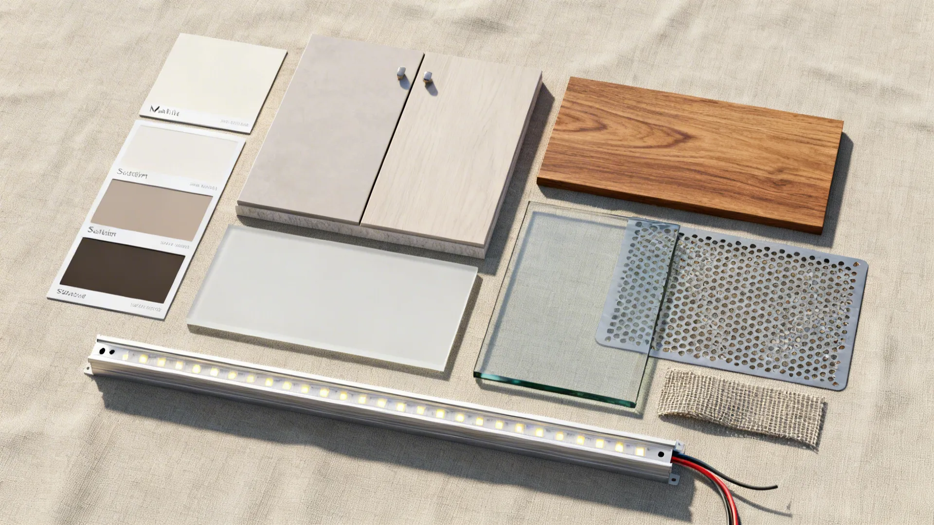 Top-down flatlay of matte paints, oak veneer, lacquered glass, perforated metal, fabric mesh, LED strip, and raceway.