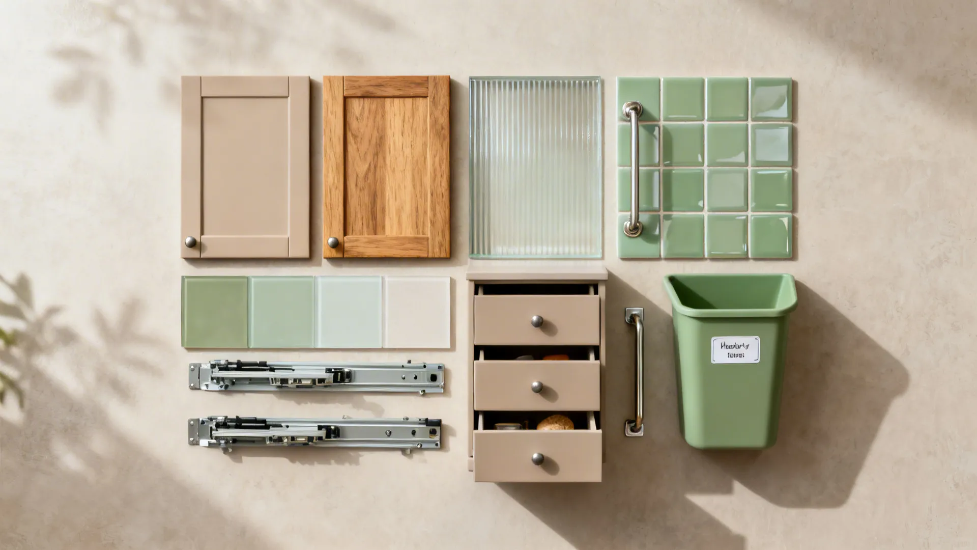 Flat lay of cabinet finish samples, reeded glass, glossy tile, drawer slides, corner hardware, and labeled storage bin.