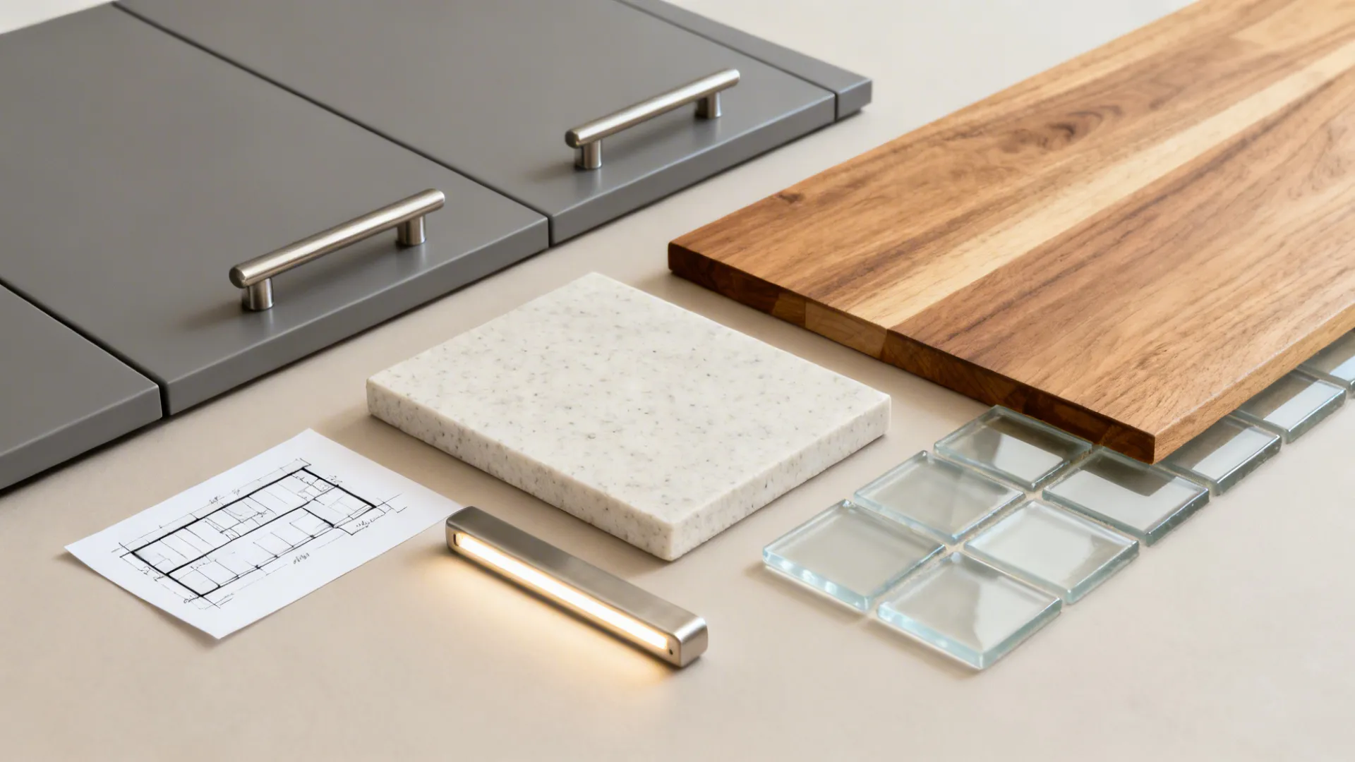 Flat lay of matte gray, oak, light quartz, satin glass, and a small parallel layout sketch.