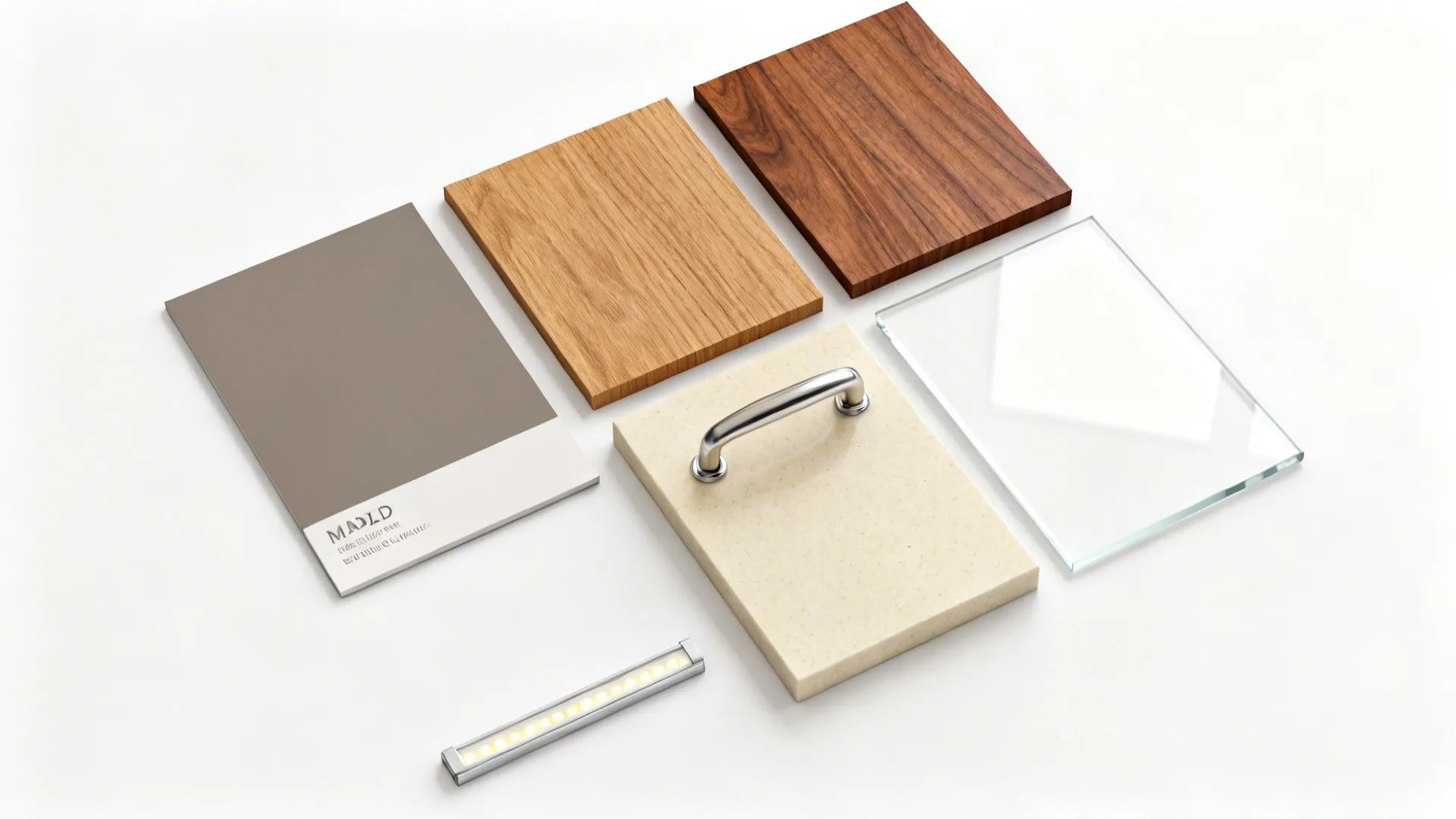 Flat lay of warm-gray paint, oak and walnut veneer, white glass, quartz, and nickel hardware.