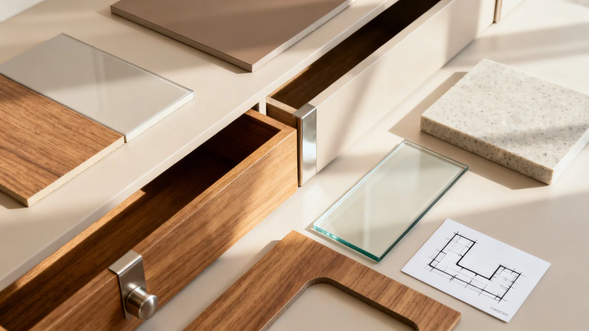 Flat lay of matte and gloss finishes, oak veneer, glass, and quartz summarizing the kitchen palette.