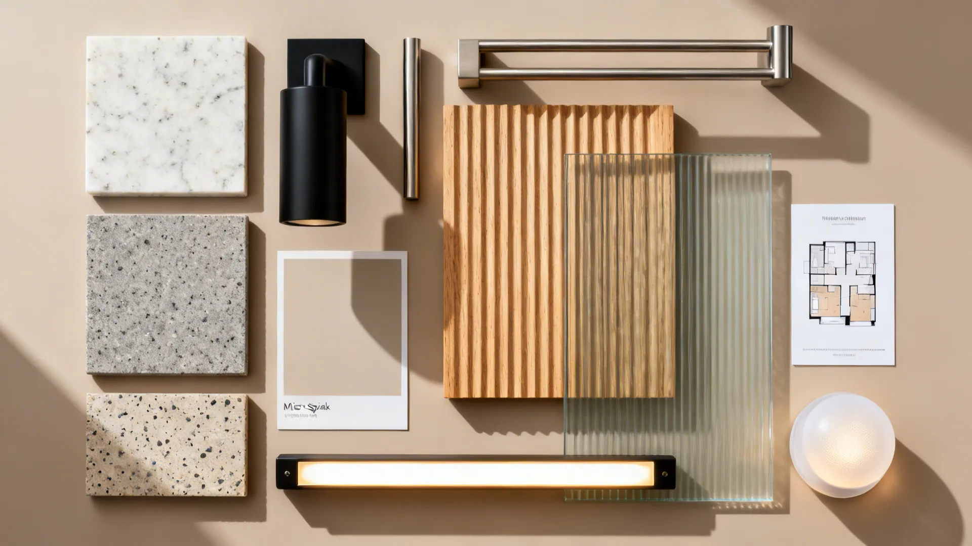 Flatlay of stone, wood, glass, metal finishes and lighting components for living-room basin designs.