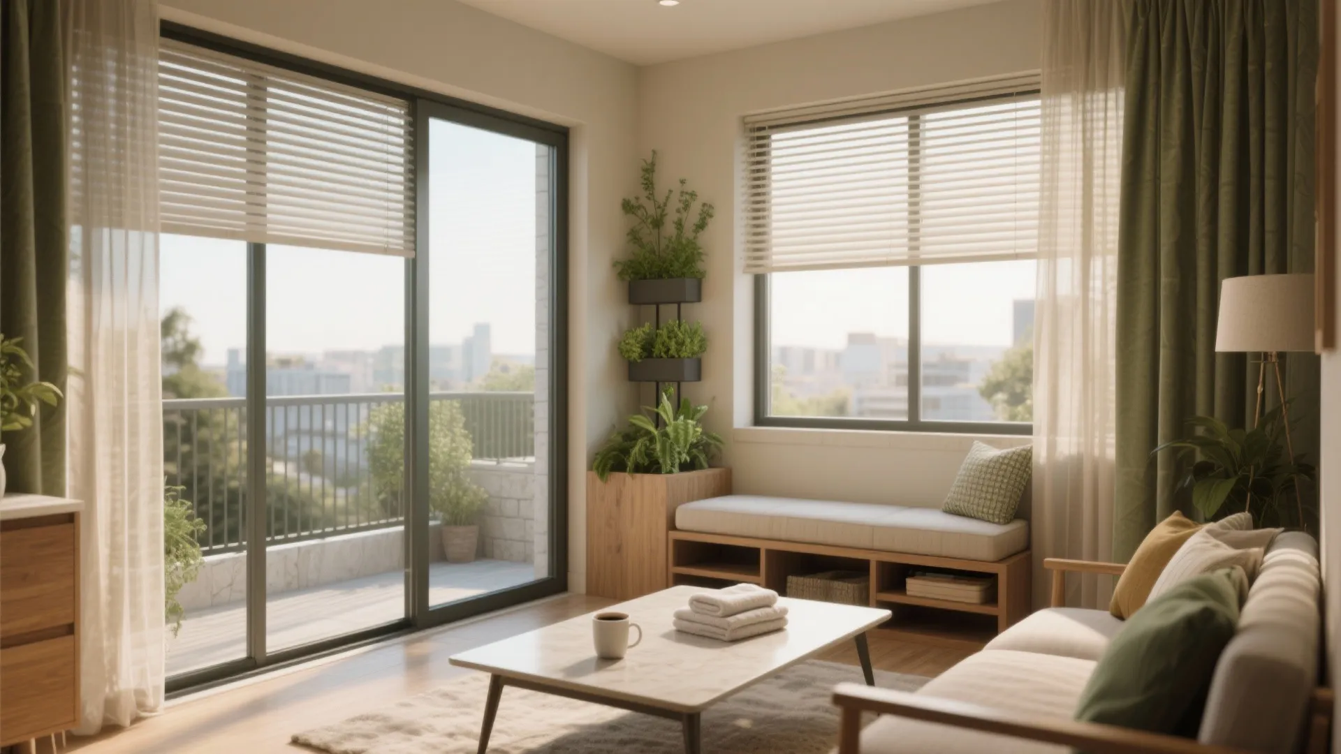 Bright living room with sliding glass door sofa coffee table green plants and city view