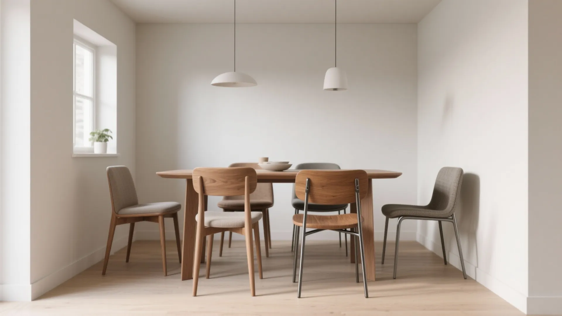 Modern dining room featuring a wooden table with mixed chairs and two white ceiling lights