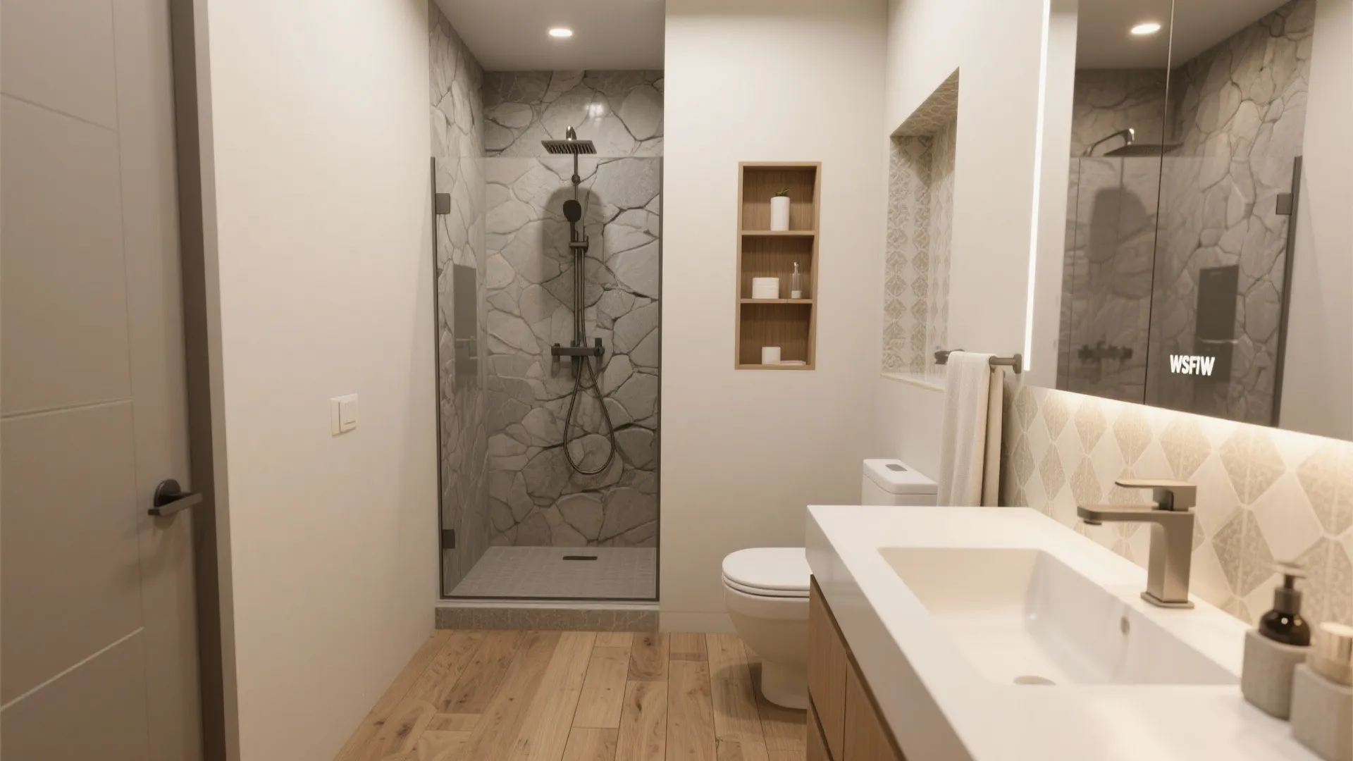 Small bathroom blending matte, stone-look, glossy, wood-look, and a patterned niche in warm neutrals.