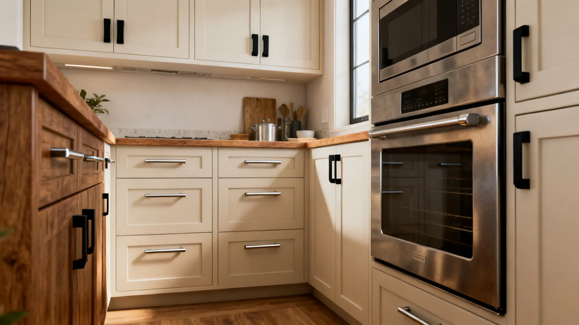 Modern compact kitchen vignette with slim nickel bars and black edge pulls under soft daylight.