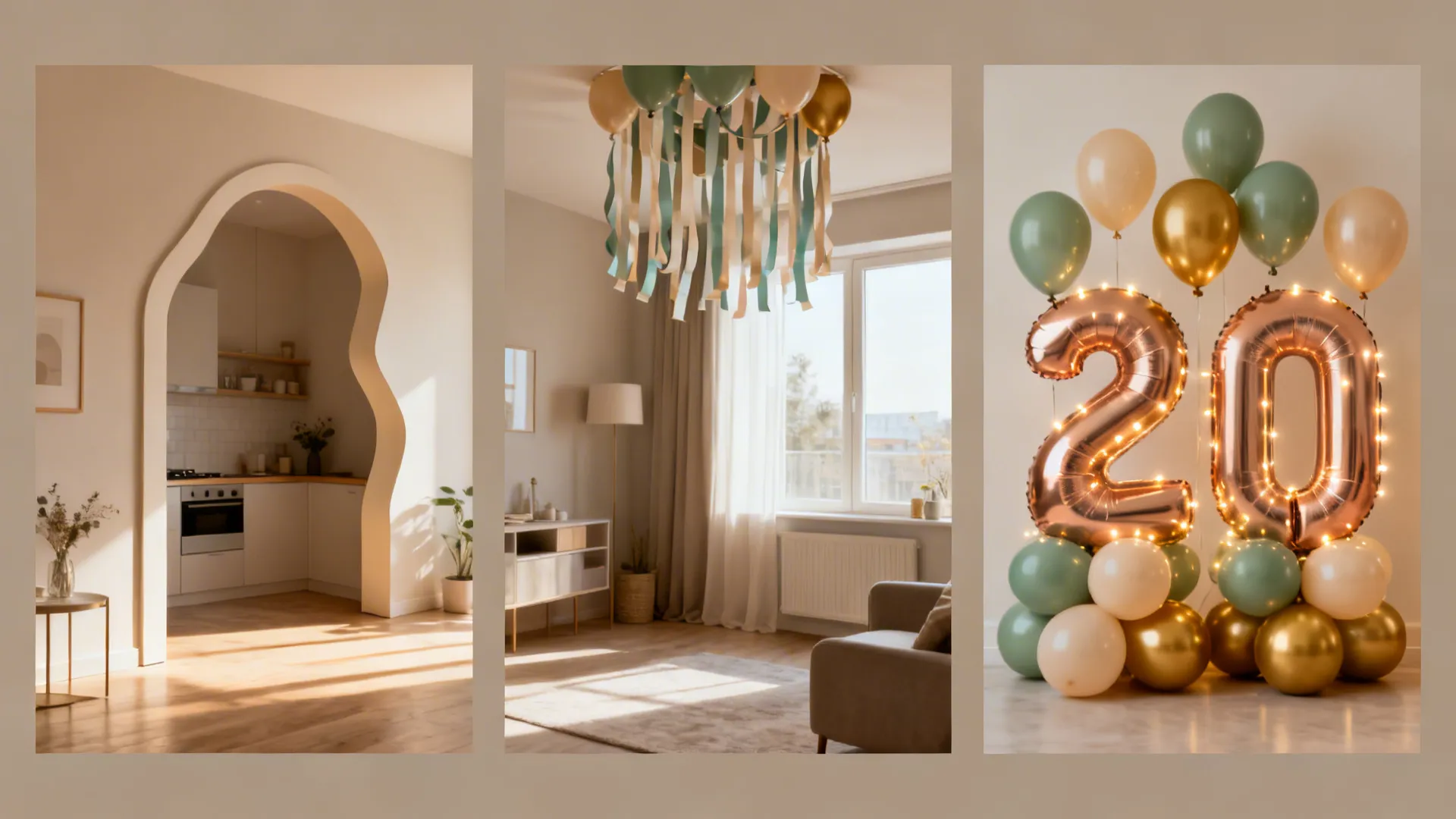 Small apartment montage with a minimal arch, ceiling canopy, and LED-lit number balloons in a cohesive beige, sage, and gold palette.