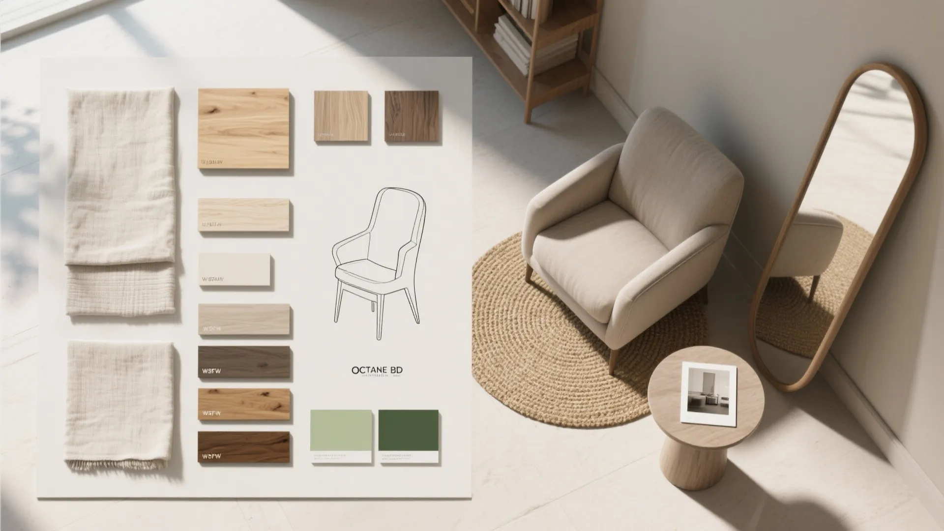 Interior design mood board with wood samples fabric colors beside chair rug and large mirror