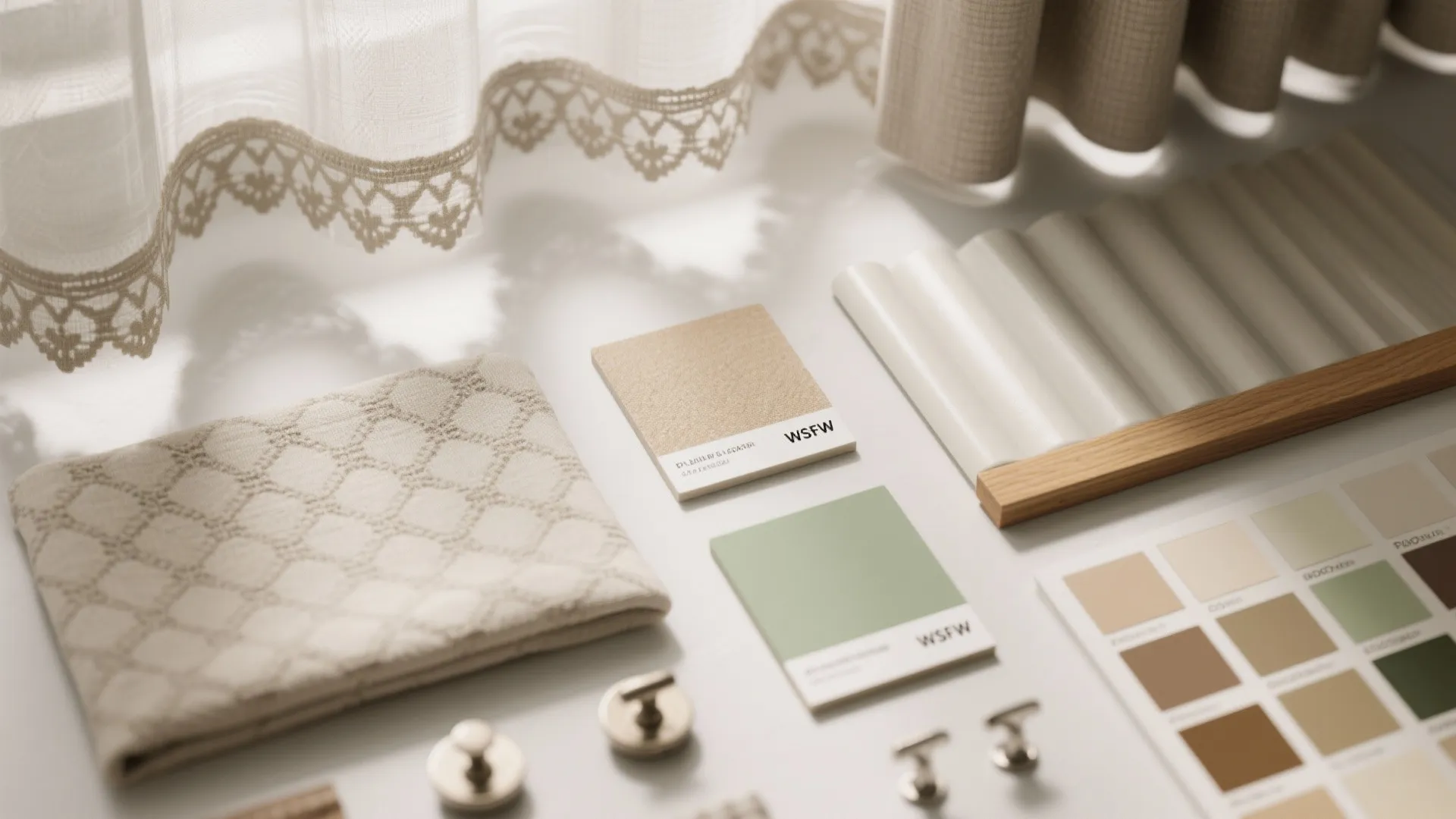 Mood board with fabric swatches, color palette, wall panel samples, and interior design materials on desk