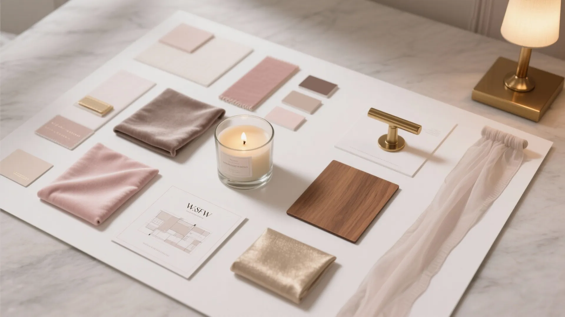Interior design mood board featuring pink fabric samples wood piece gold handle candle and table lamp