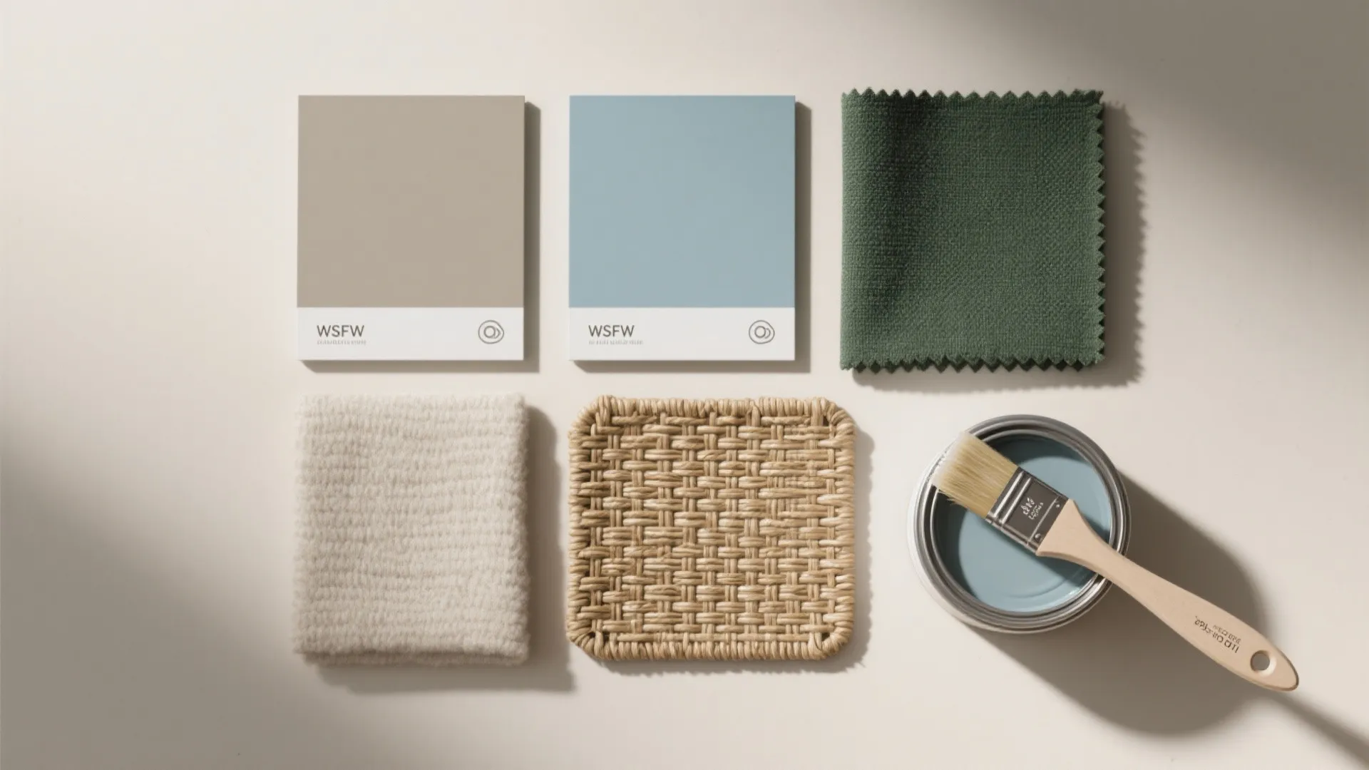 Interior design mood board with color paint swatches fabric samples woven texture and blue paint