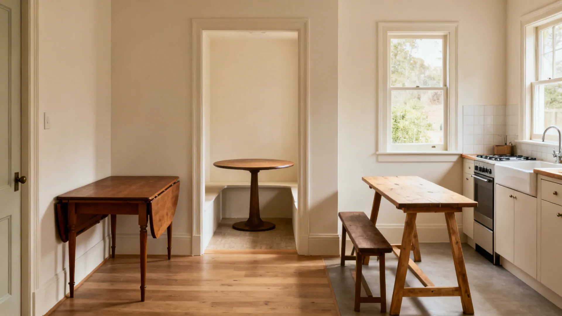 Small kitchen showcasing drop-leaf, pedestal, and trestle table options in a cohesive scene.