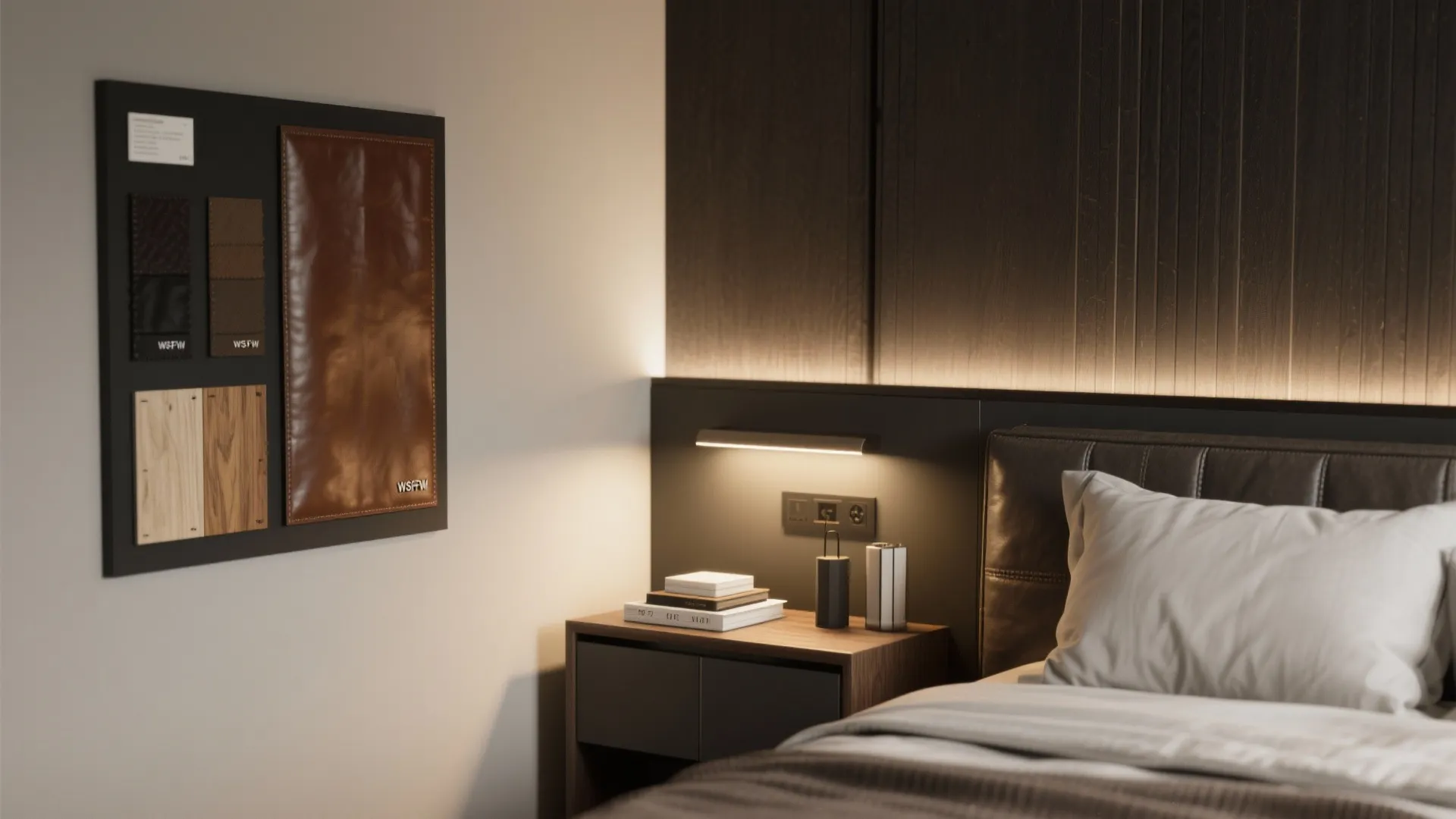 Modern bedroom with a wall panel board showing leather samples and a small bedside table