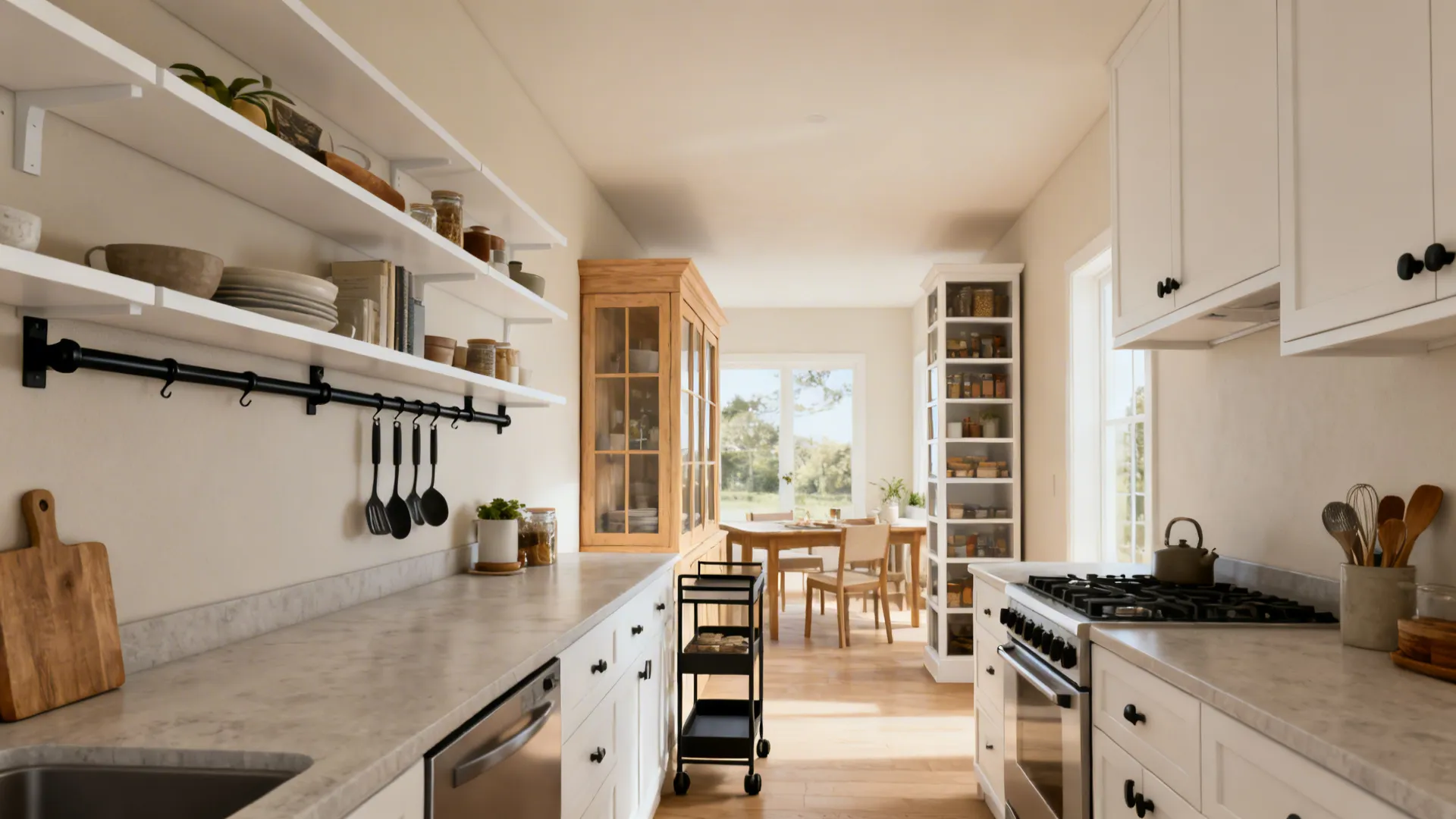 White kitchen featuring marble countertops open shelving black rolling cart and natural wooden dining room
