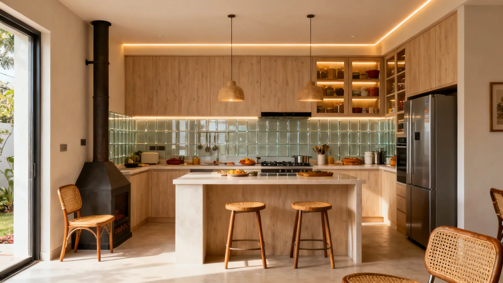 Compact L-shaped open kitchen with peninsula, glass backsplash, pantry, and warm lighting next to dining.