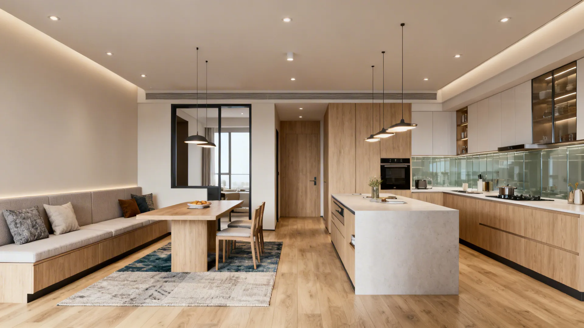 Editorial view of an open plan home showcasing five layout strategies with cohesive materials and lighting.