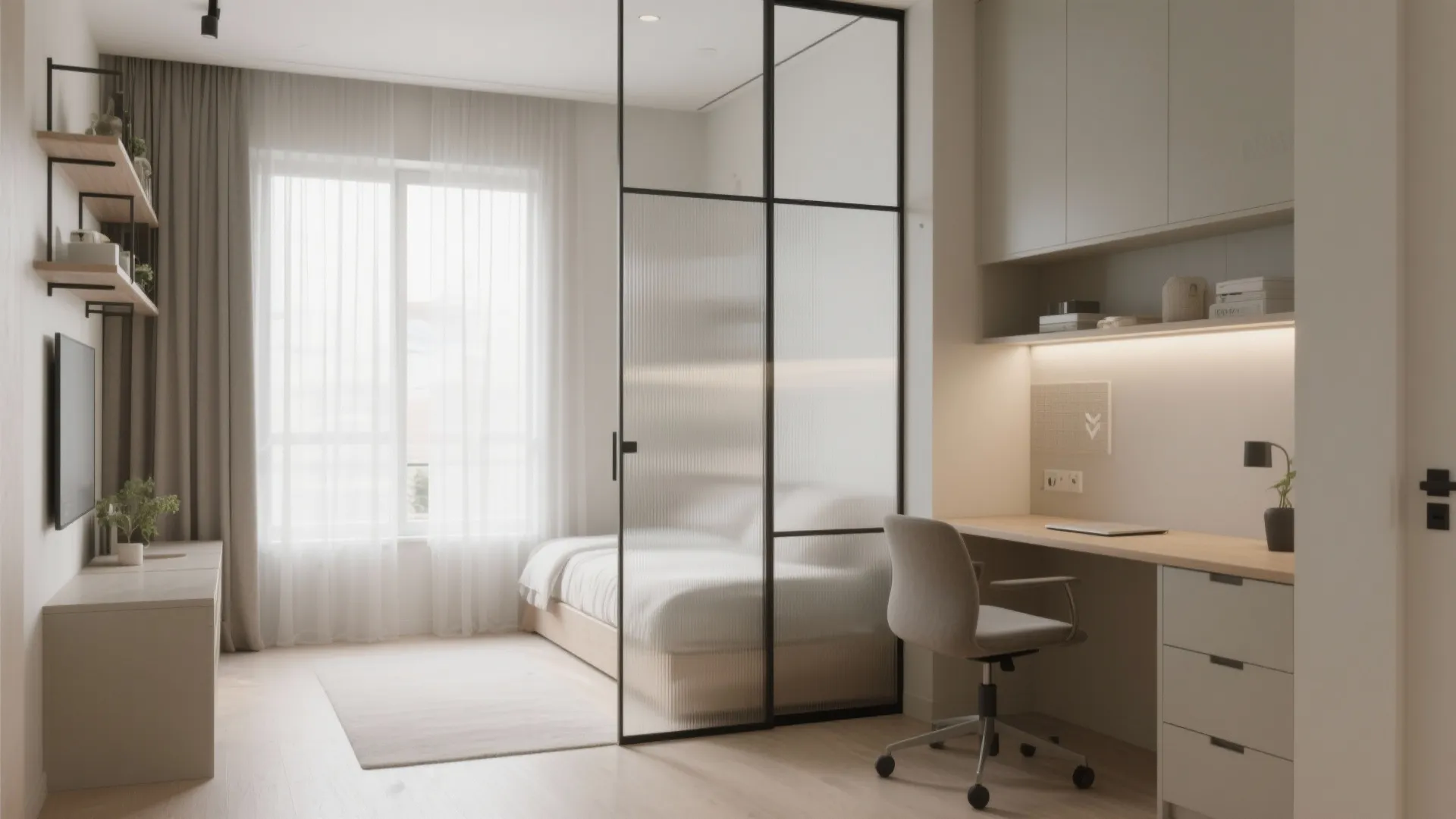 Modern studio apartment with glass room divider separating the bed from the office desk area