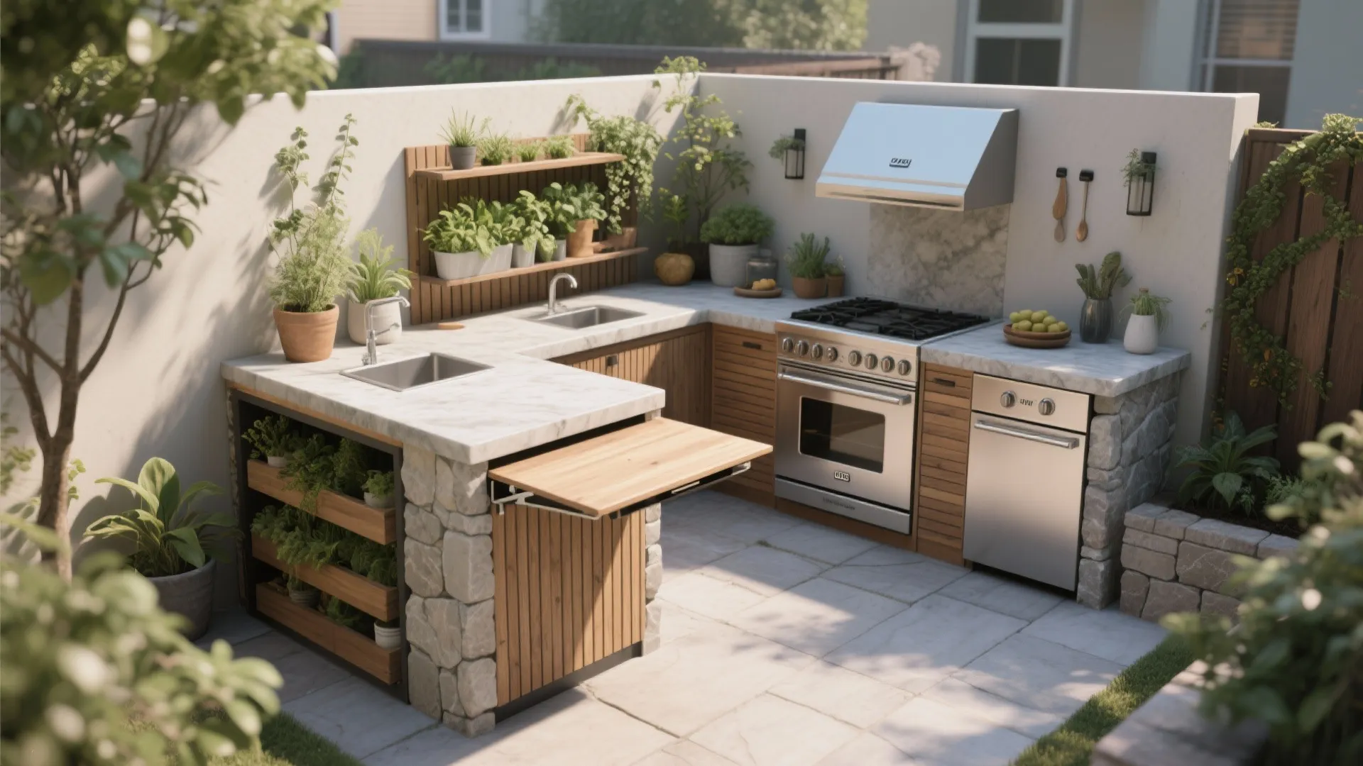 Functional outdoor kitchen design with stone base wooden cabinets sink stove and built in shelving