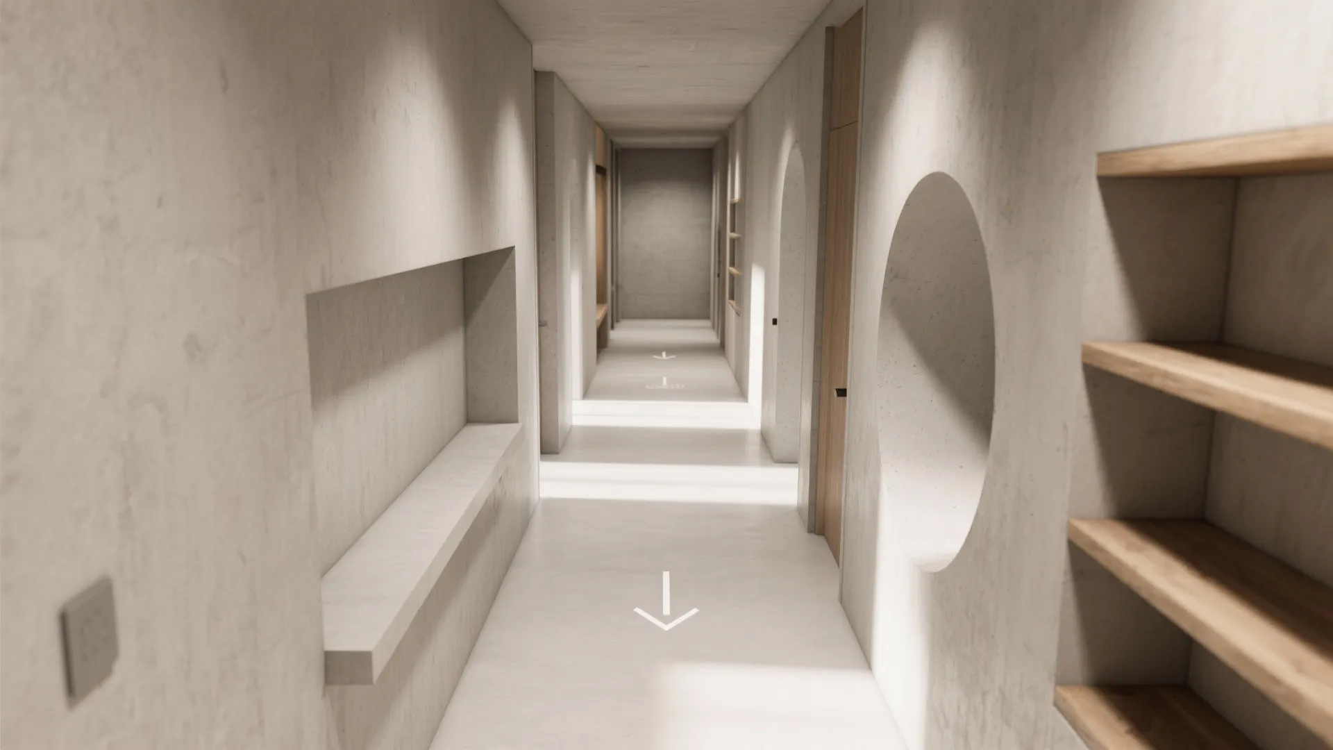 Modern concrete hallway featuring wooden shelves and a circular wall cutout with soft natural lighting