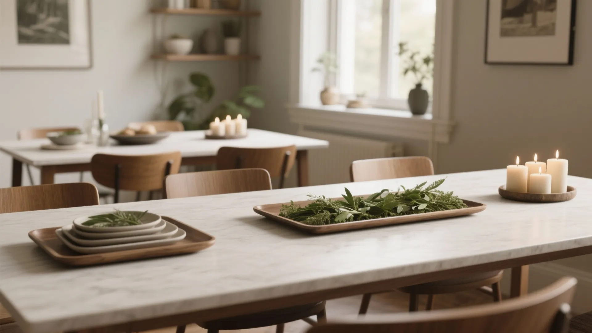 Wide view of a small dining area showing several low-profile centerpiece styles on a rectangular table, illustrating proportion and texture choices.
