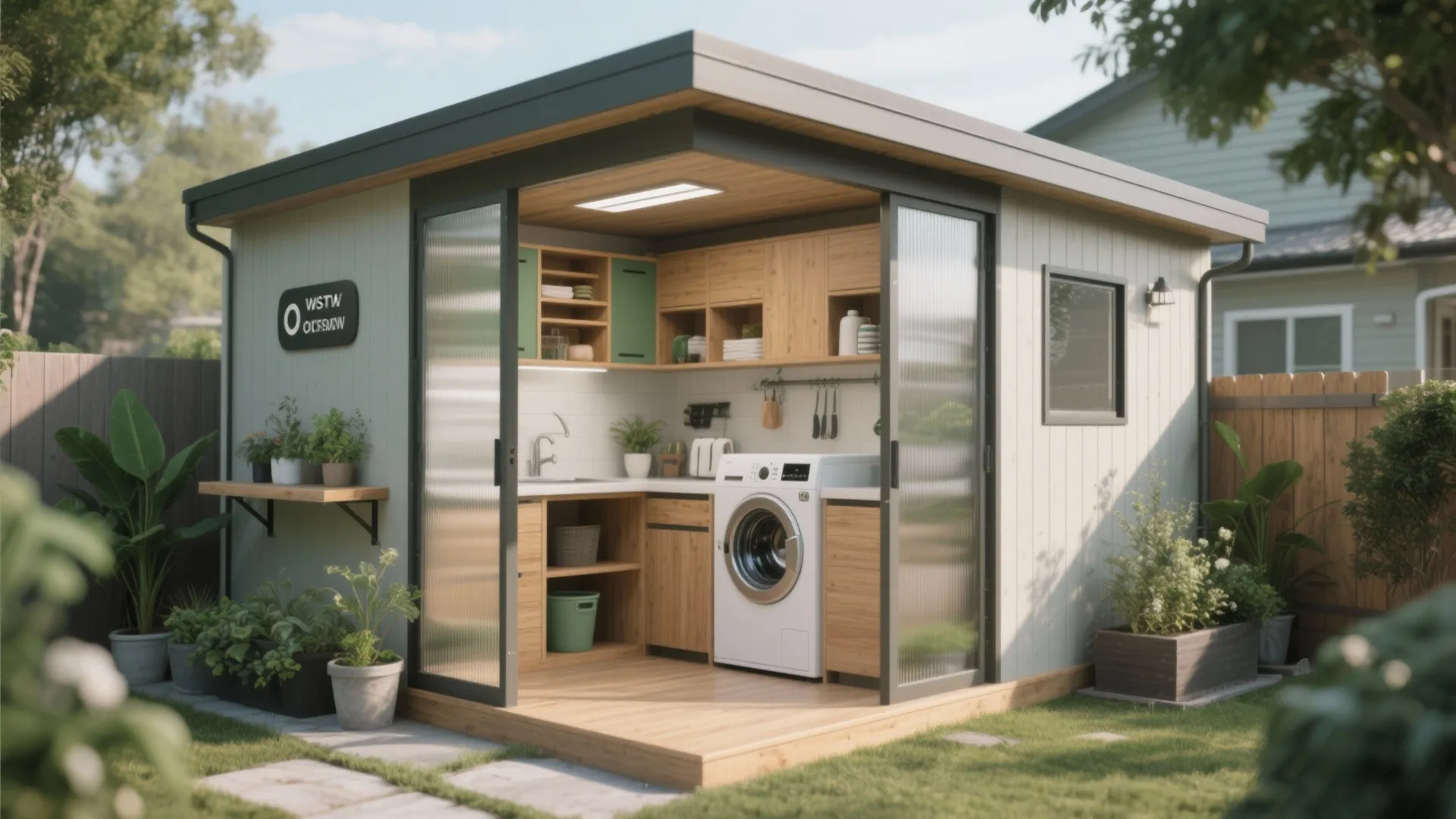 Modern outdoor laundry shed with washing machine, wooden cabinets, glass sliding doors, and green plants