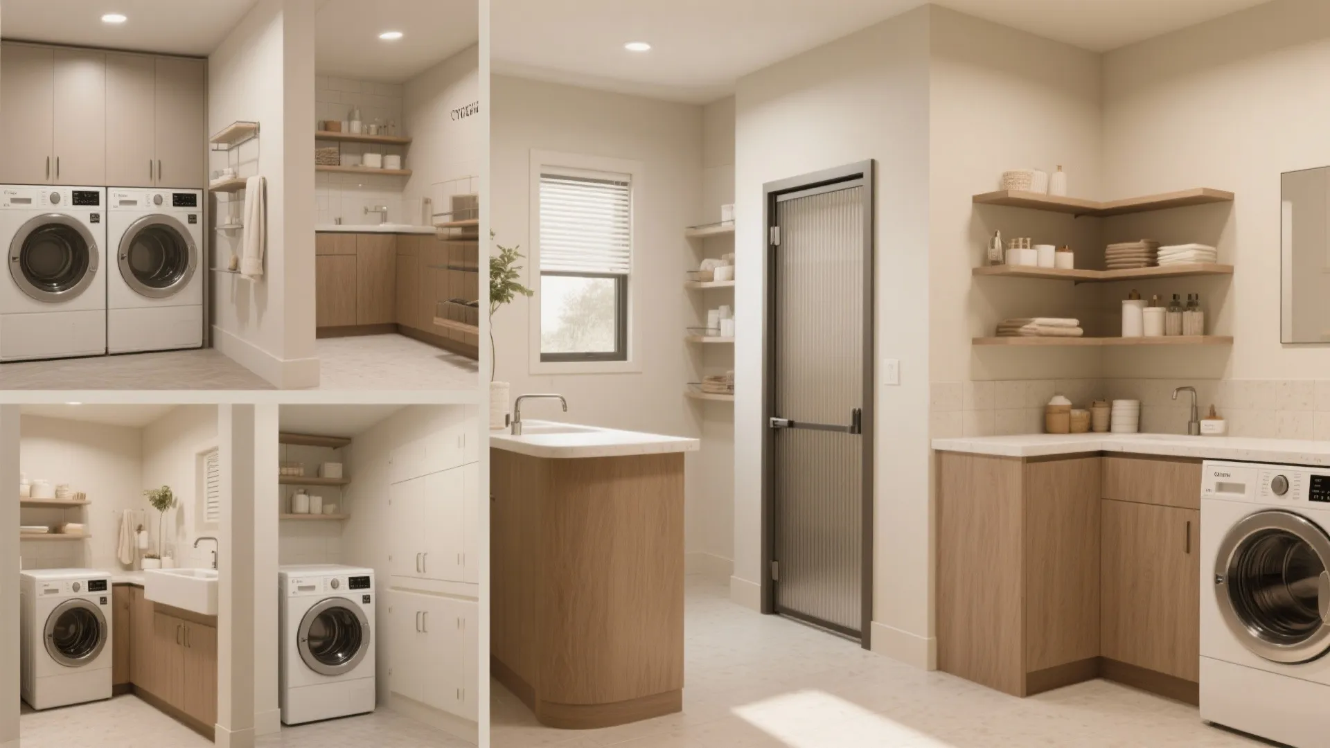 Modern laundry room design collage featuring wooden cabinets white washing machines and open wall shelving units