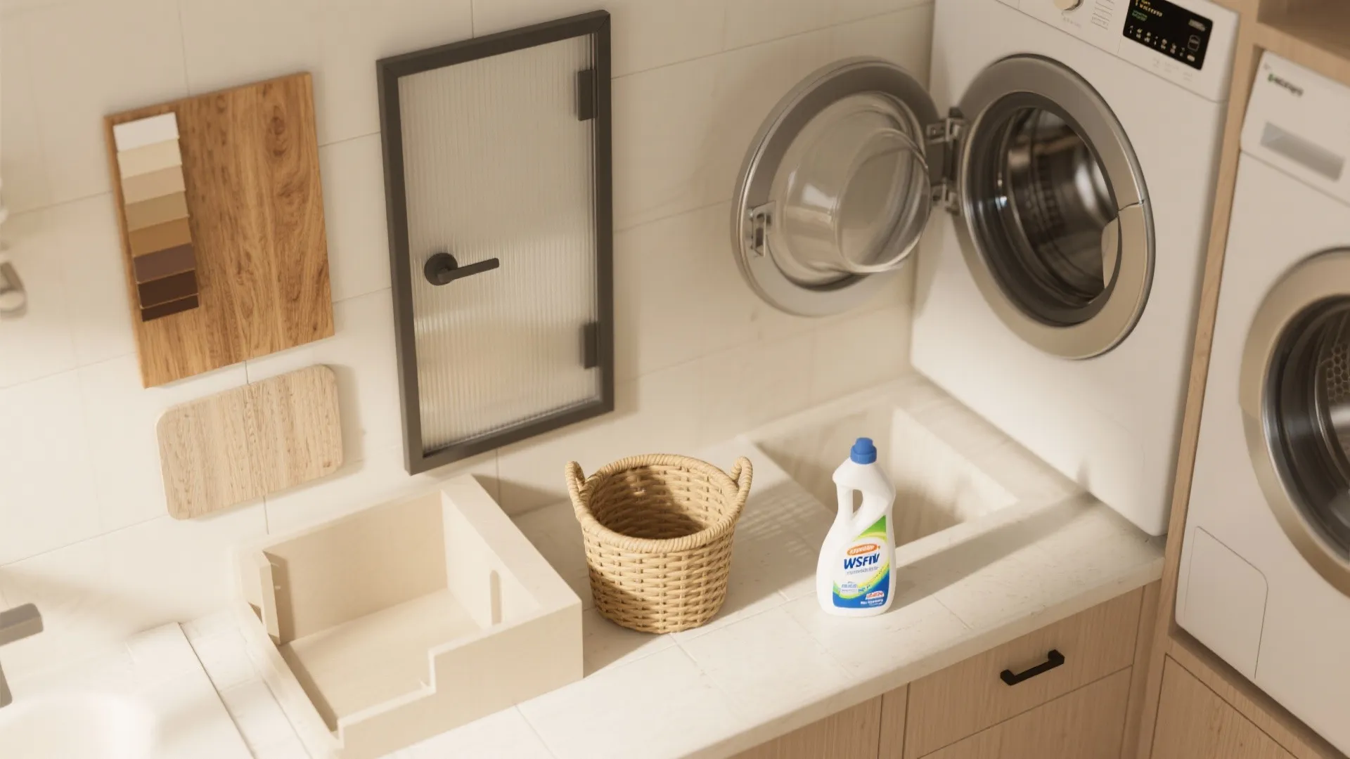 Modern laundry room featuring a white washing machine next to a sink with cleaning products
