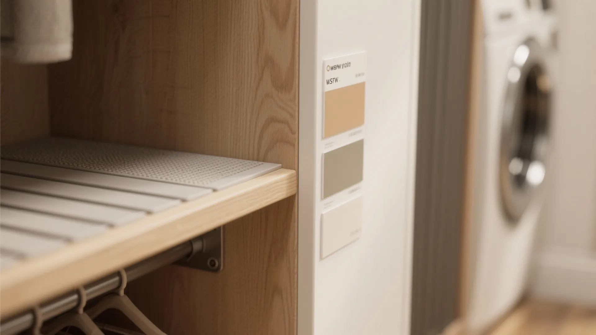 Close up of neutral color paint samples on a wall next to a wooden shelf