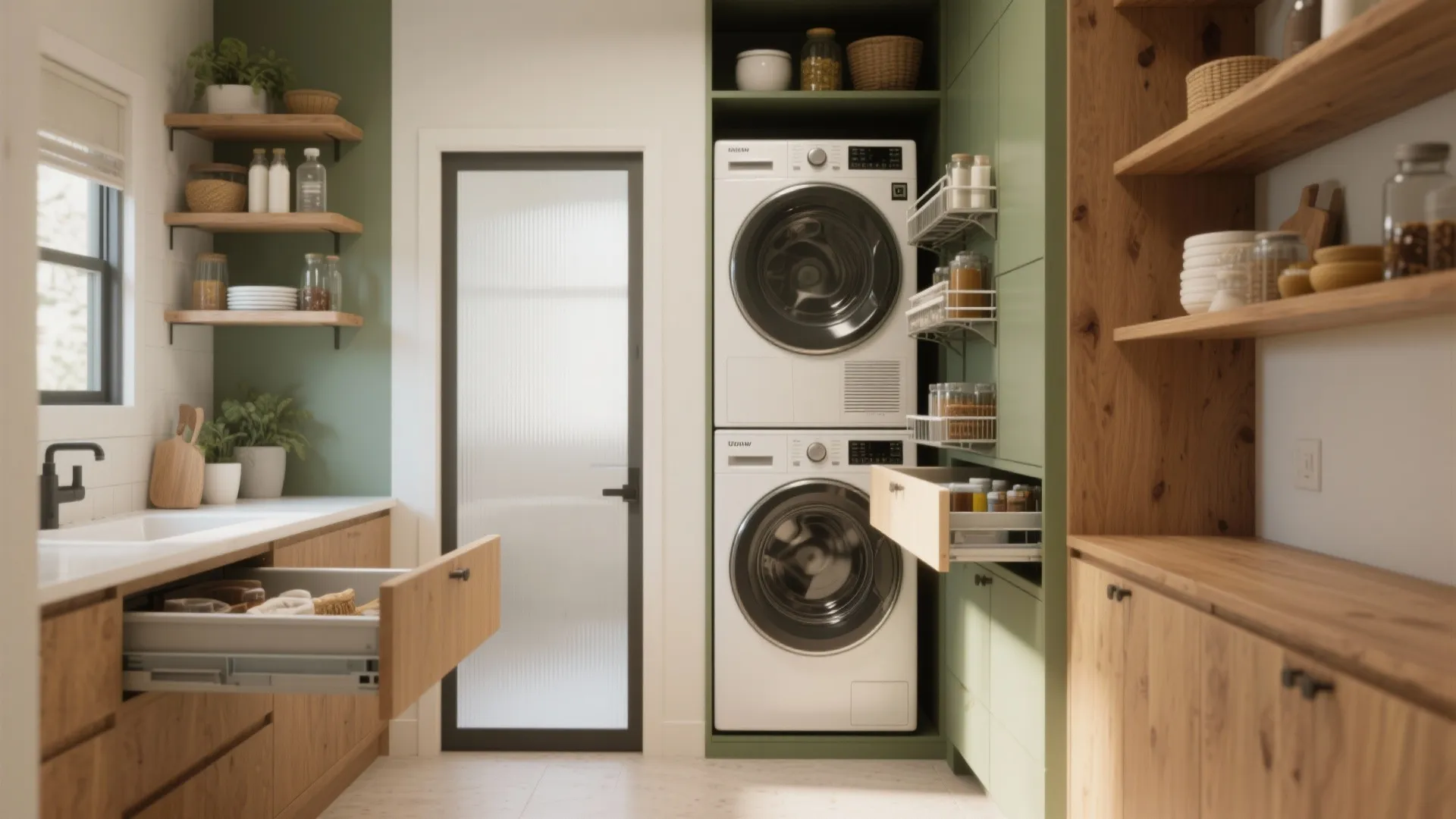 Modern laundry room with stacked washing machines green cabinets wooden shelves and open storage drawers