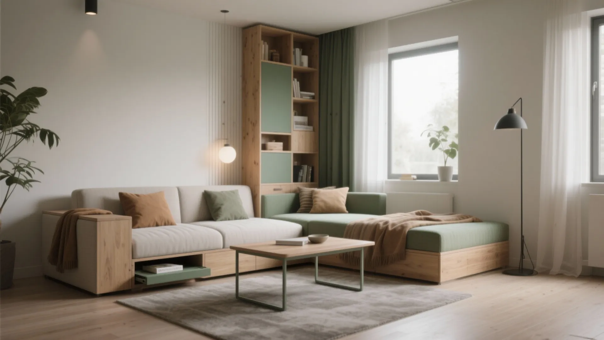 Modern living room featuring green sofa with wood storage and bookshelf near a bright window