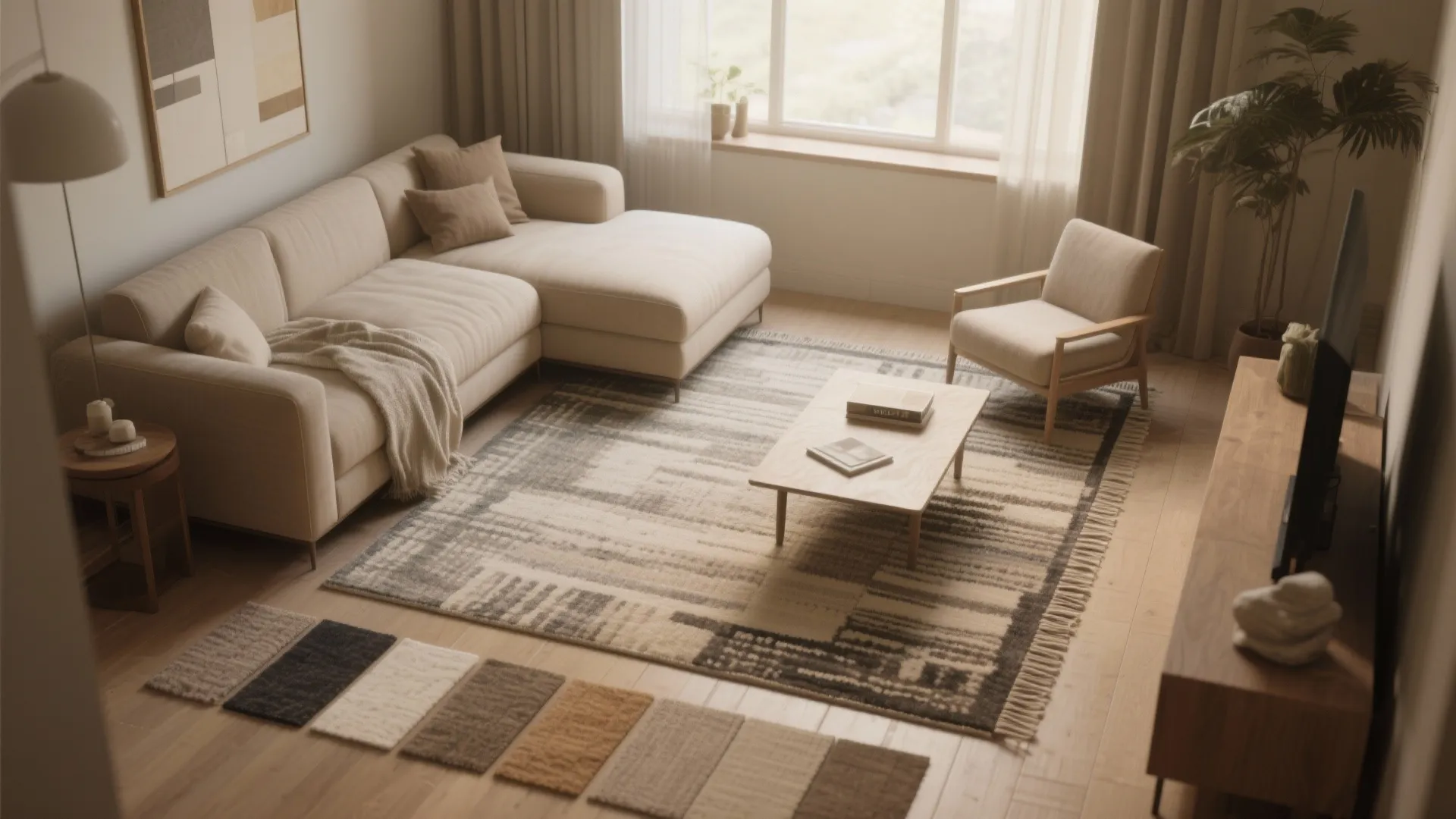 Modern living room with beige sofa, coffee table, and several small rug samples on floor