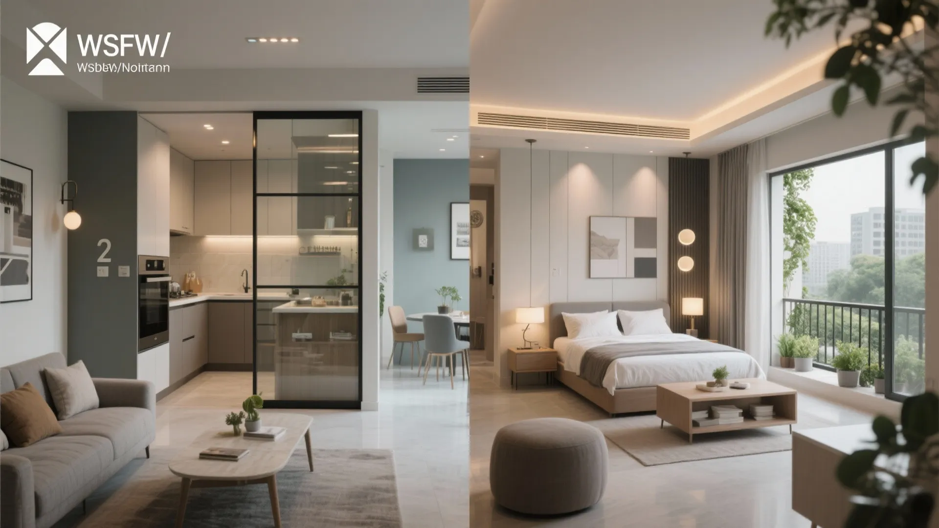 Modern interior design split view showing a living room kitchen area and a cozy bedroom