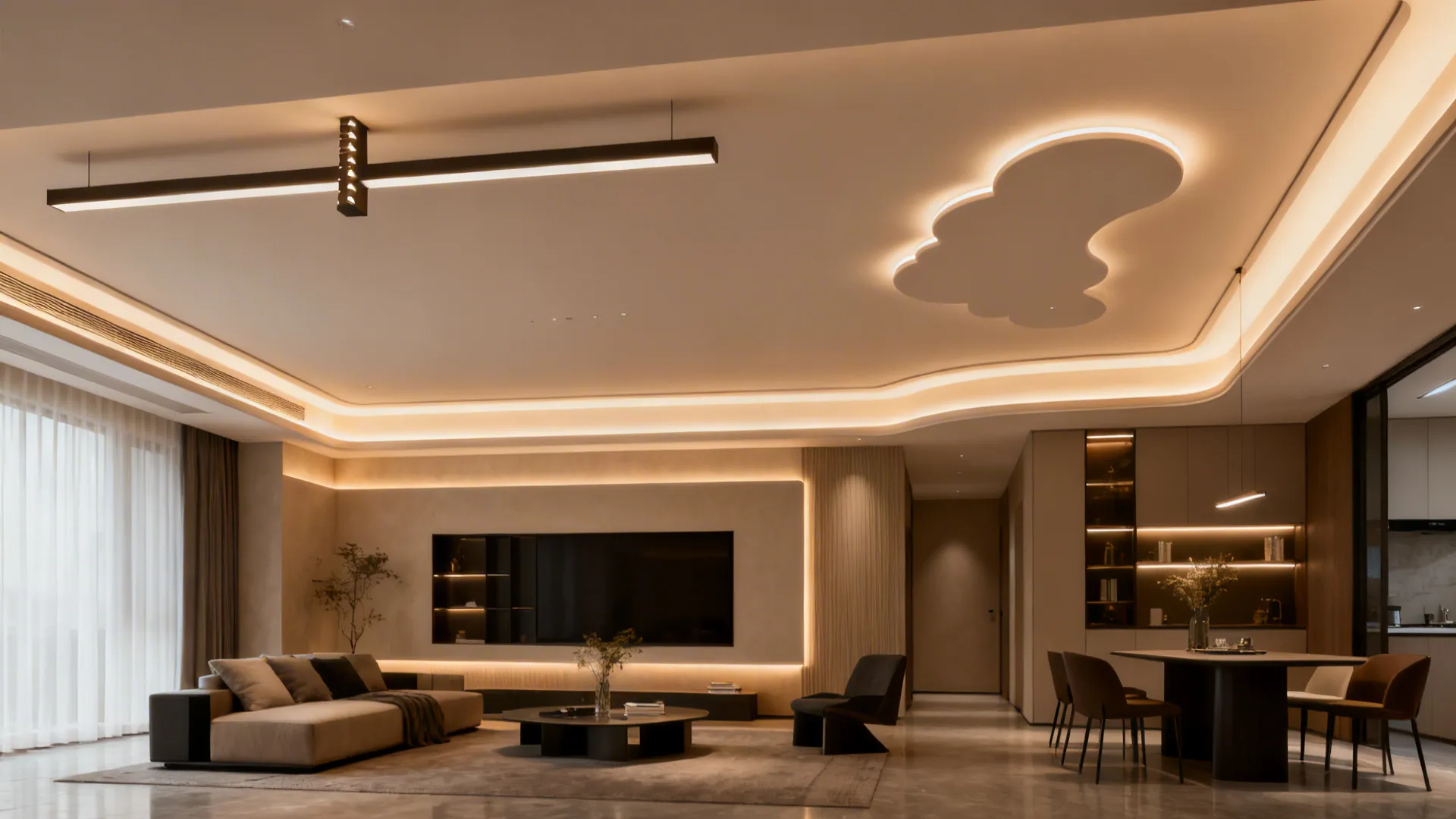 Modern living room with cloud shaped ceiling light large sofa dining table and warm lighting