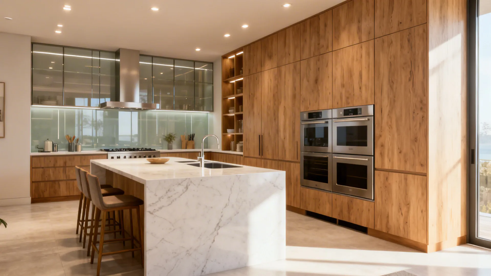 Overview of a bright 10x14 kitchen with peninsula, tall storage, reflective splash, and warm wood accents.