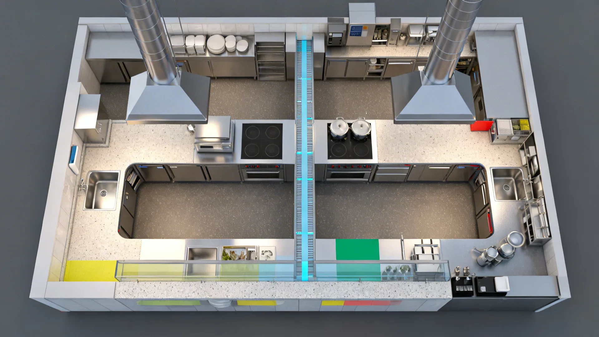 Top-down overview showing U-flow, hoods, finishes, cold chain, and modular line zones.