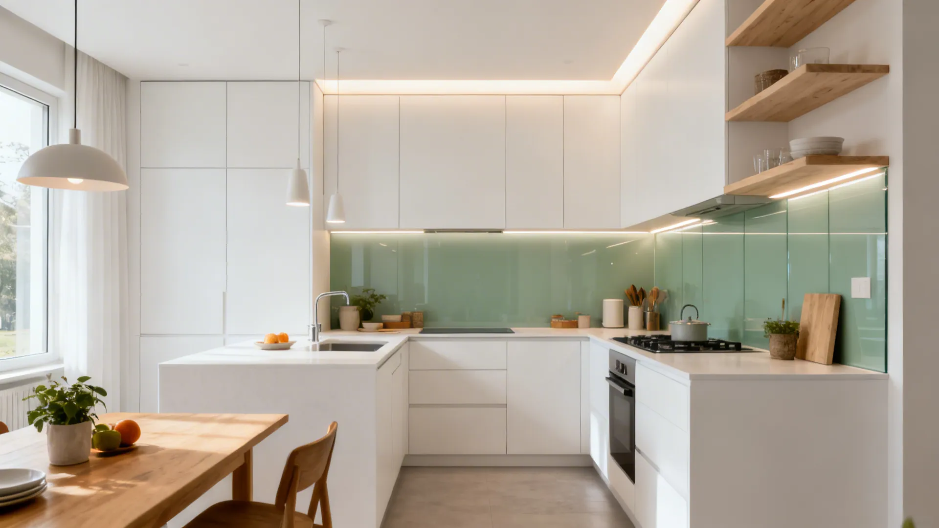 Modern white kitchen with green backsplash wooden table ceiling lights and a very large window