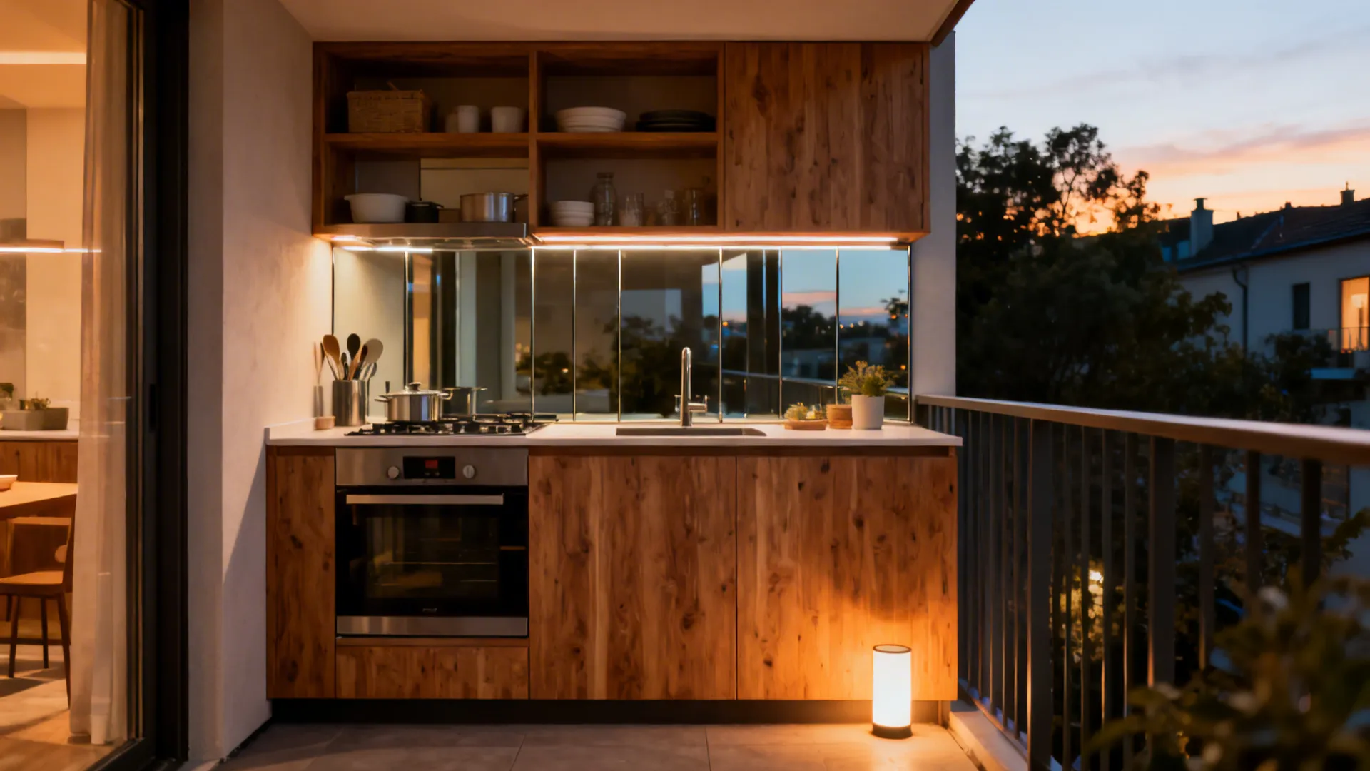 Small balcony kitchen combining storage clarity, glass backsplash, L layout, wood accents, and layered lighting.