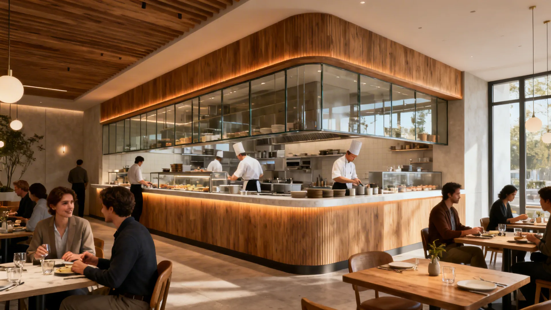 Cinematic overview of a compact fine dining space showing a tight pass, glass-back kitchen, and chef’s counter.