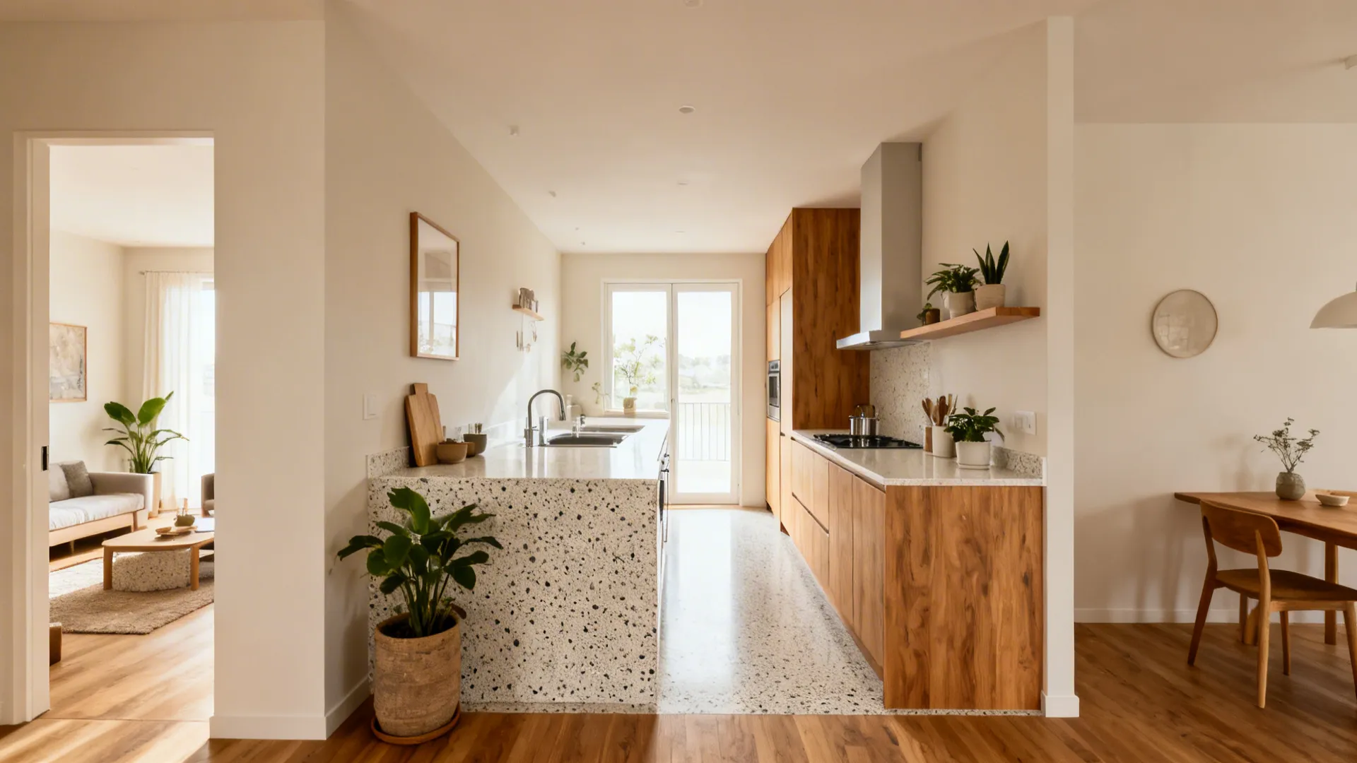 Modern kitchen with wooden cabinets, white speckled island, green plants, wooden floor, and natural light