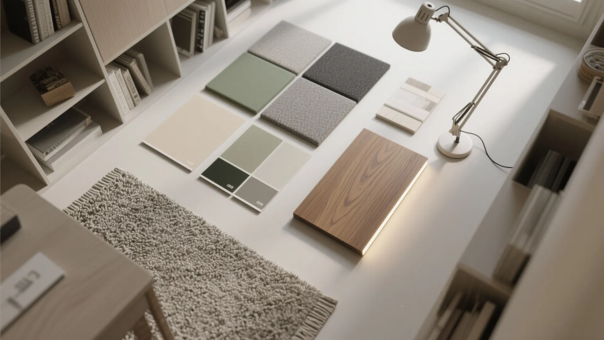 Interior design mood board with green fabric samples wood panel paint swatches and desk lamp