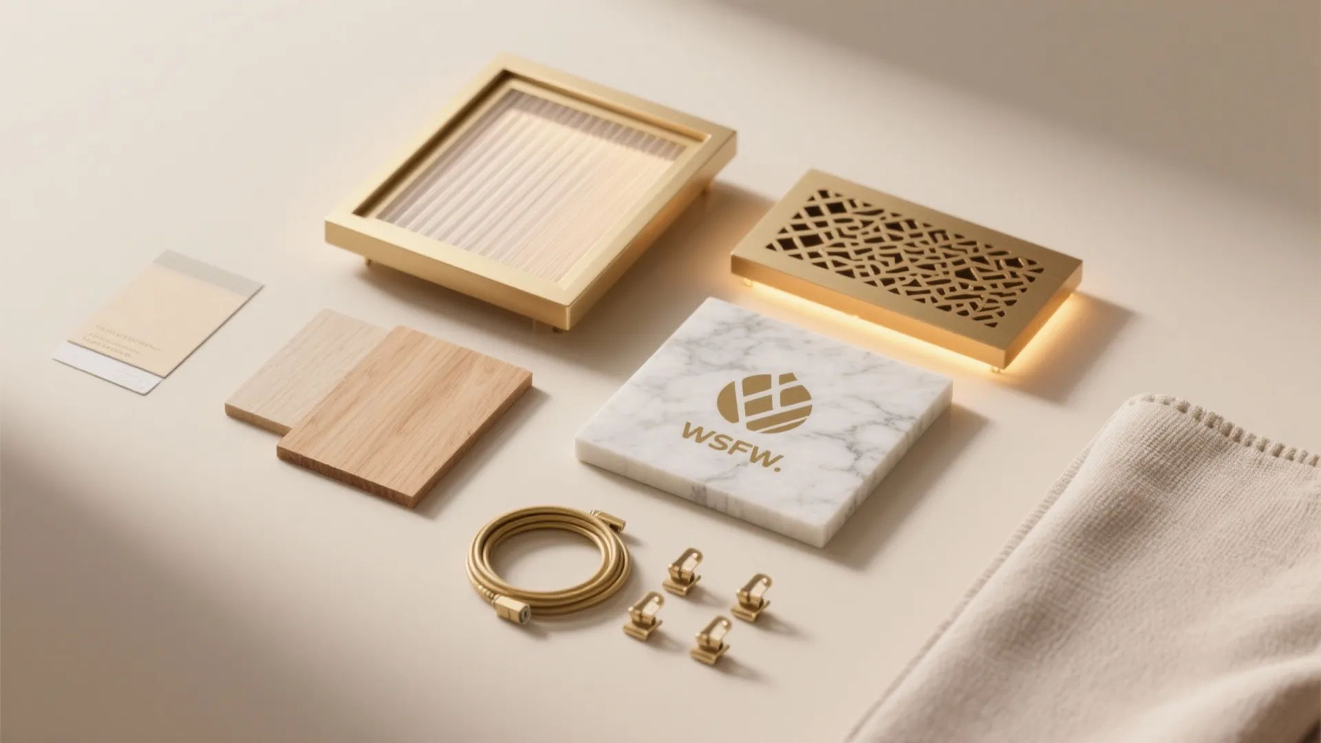 Flatlay of wood, brass, quartz, jaali diffuser, and warm LED for pooja design.