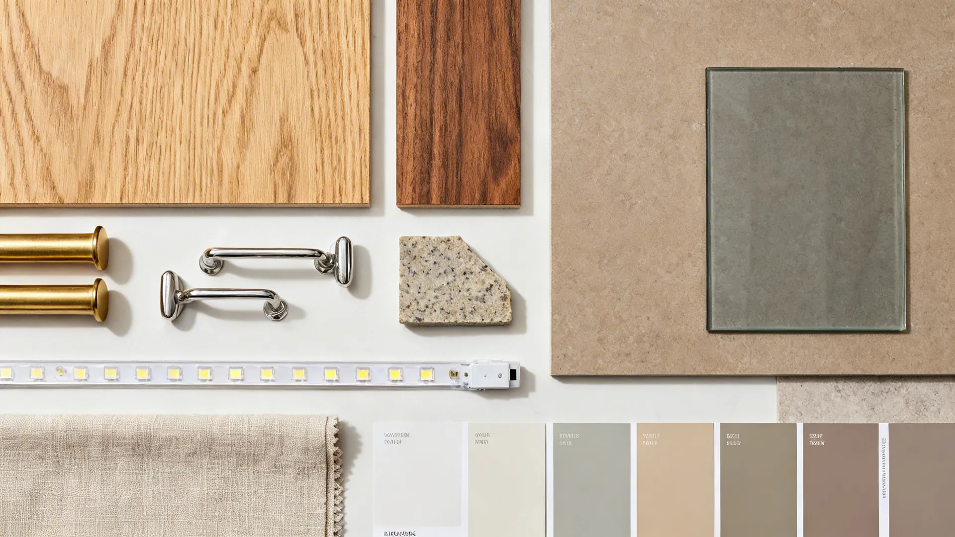 Interior design mood board with wood samples, stone tiles, metal handles, fabric, and color cards