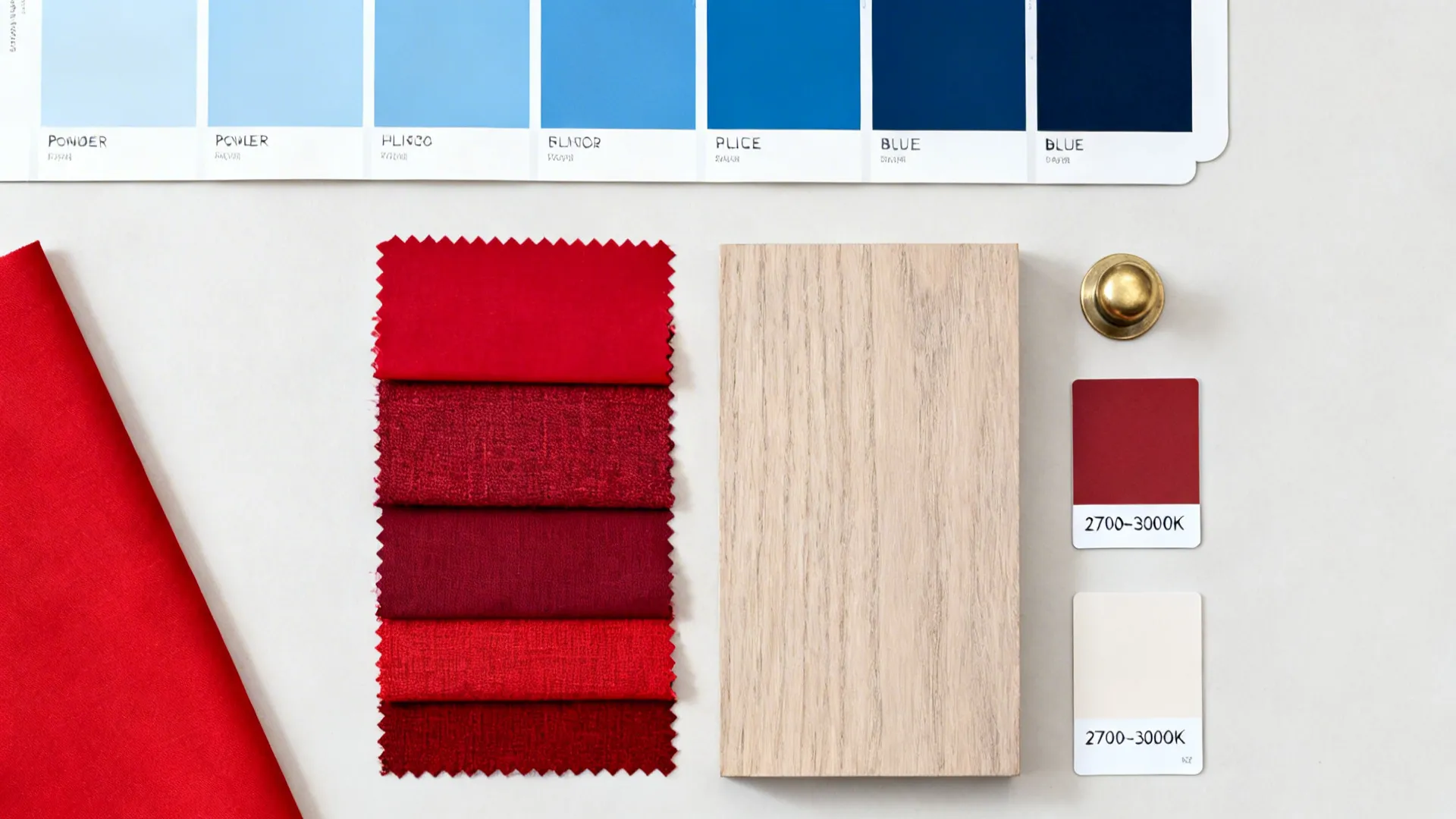Top-down palette of blue and red swatches with wood and brass accents under soft light.