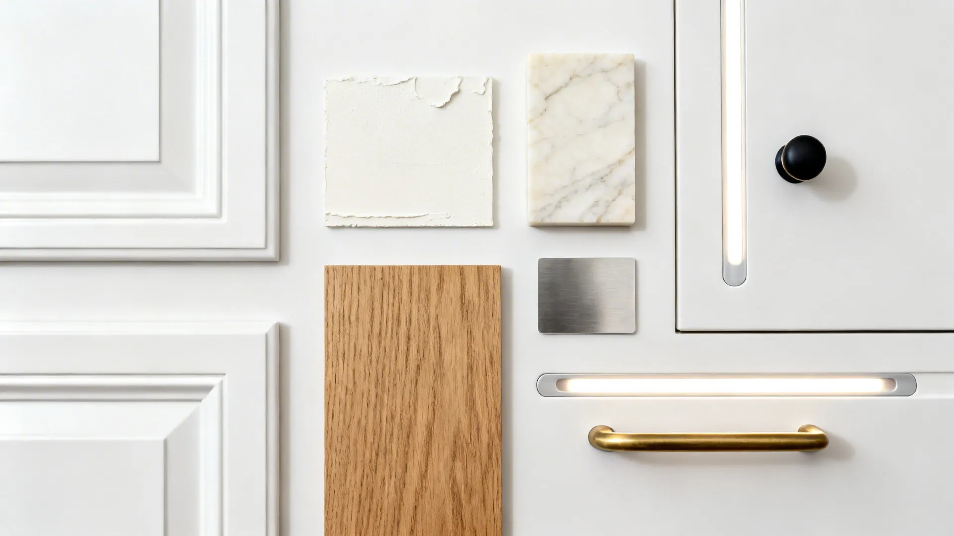 Flatlay of white cabinet, off-white paint, warm-veined stone, oak, and mixed metal hardware.